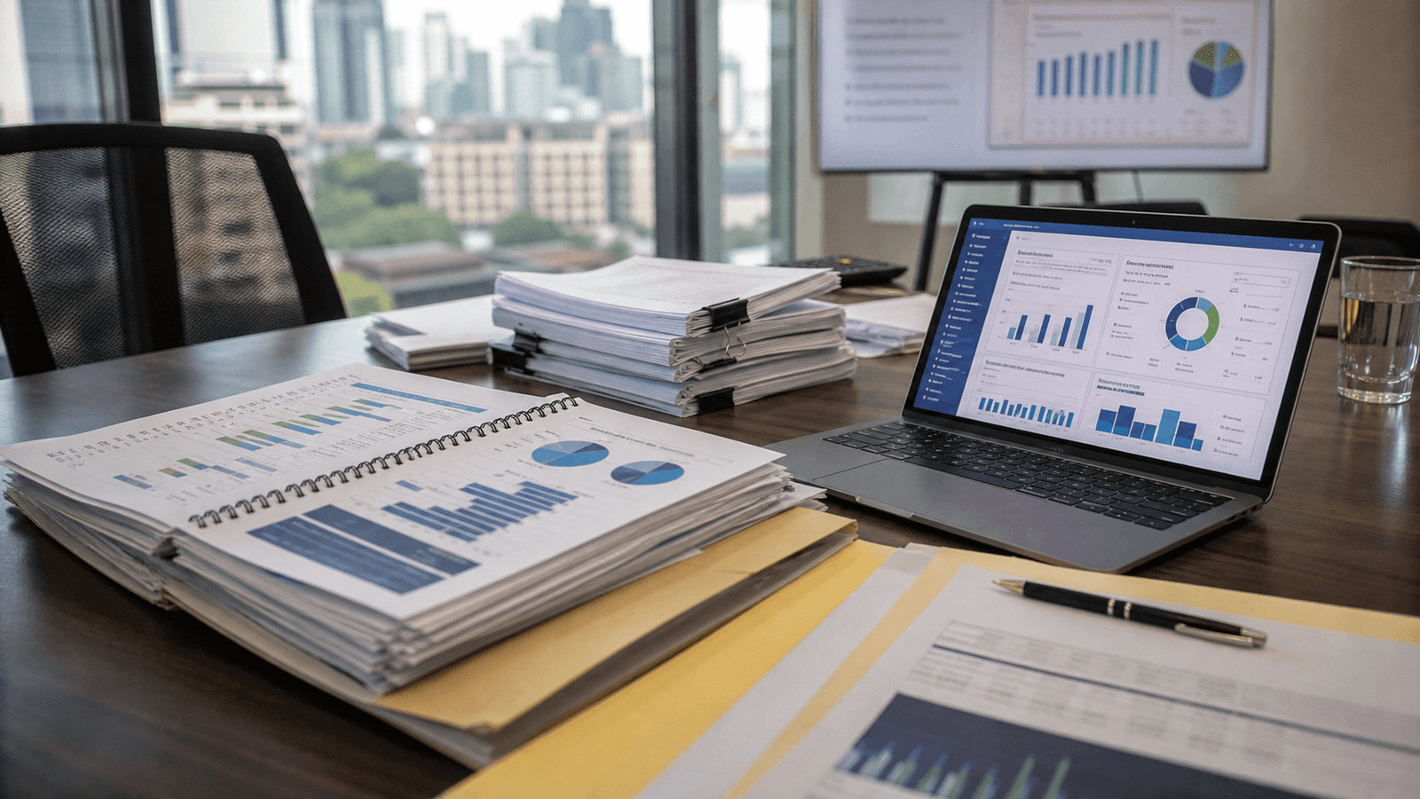 Public-finance materials with charts, budget papers and city background.