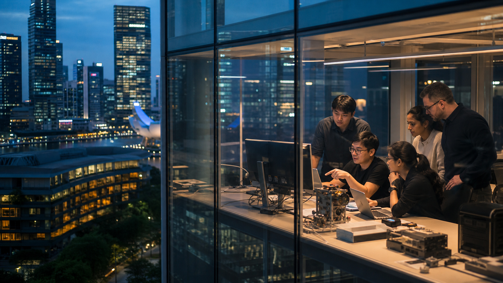 AI engineers working in a Singapore innovation lab with the city skyline nearby