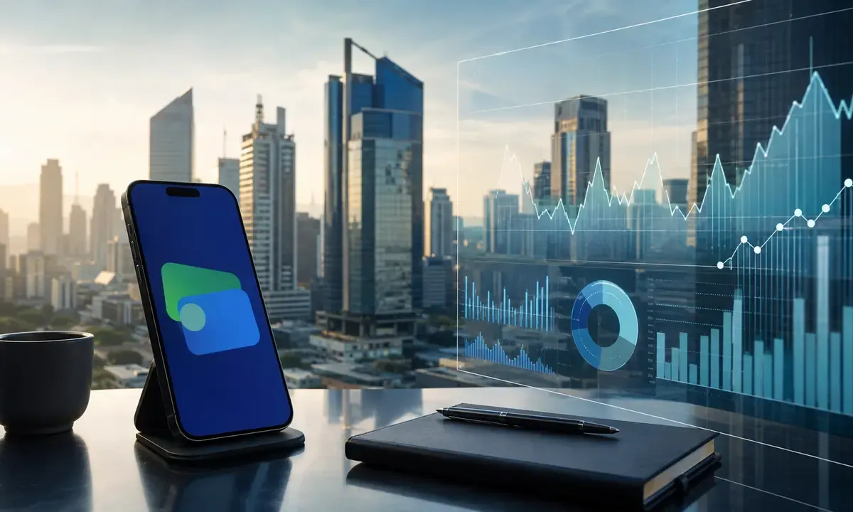 A mobile-payment device and abstract market charts overlook a Philippine business district.