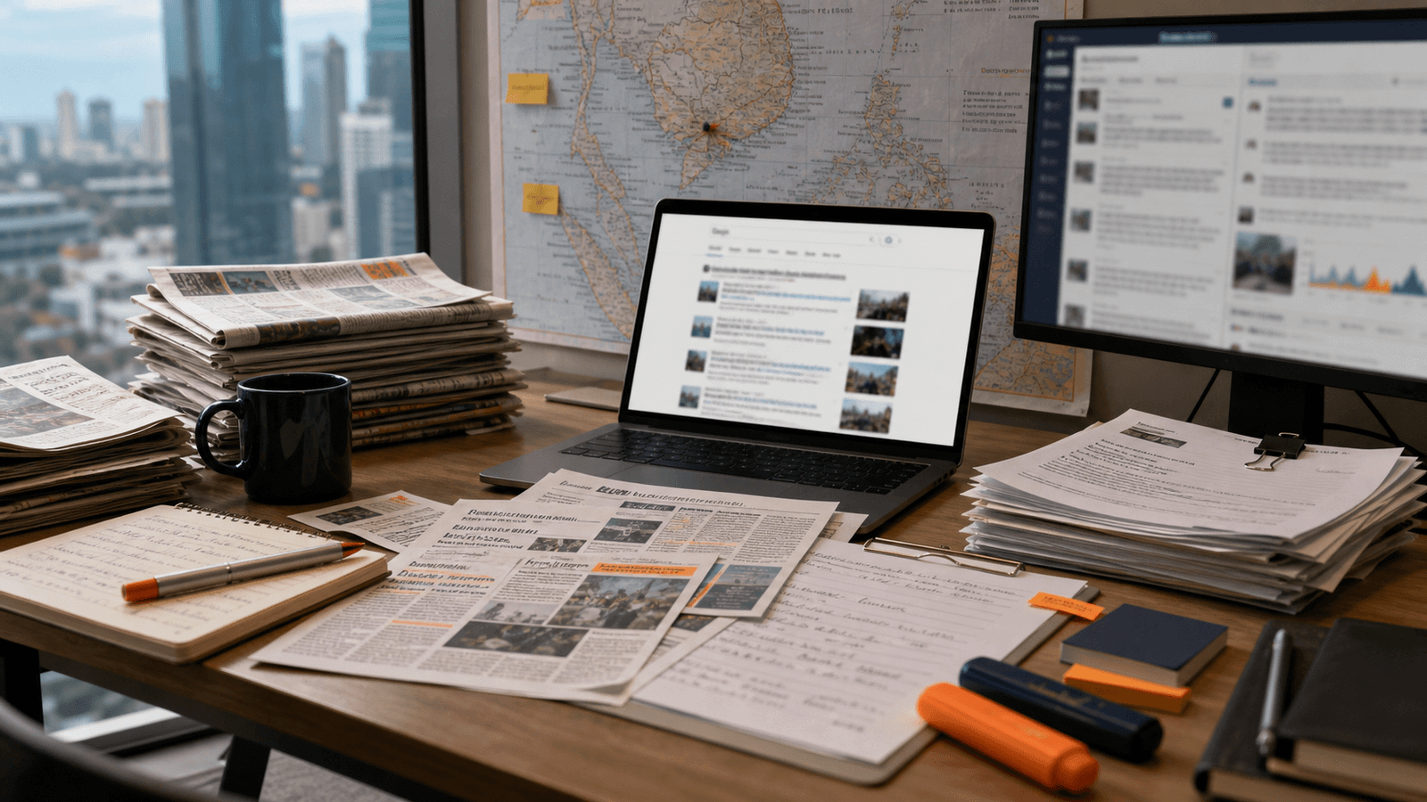 Editorial newsroom desk with Southeast Asia map, press clippings, source notes and blurred media-monitoring screens.