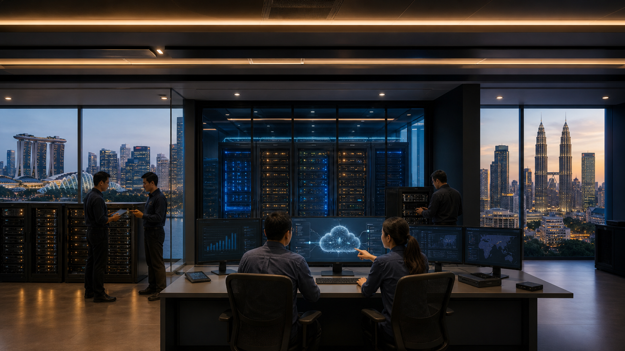 Editorial illustration of cloud storage infrastructure connecting business partners in Singapore and Malaysia.