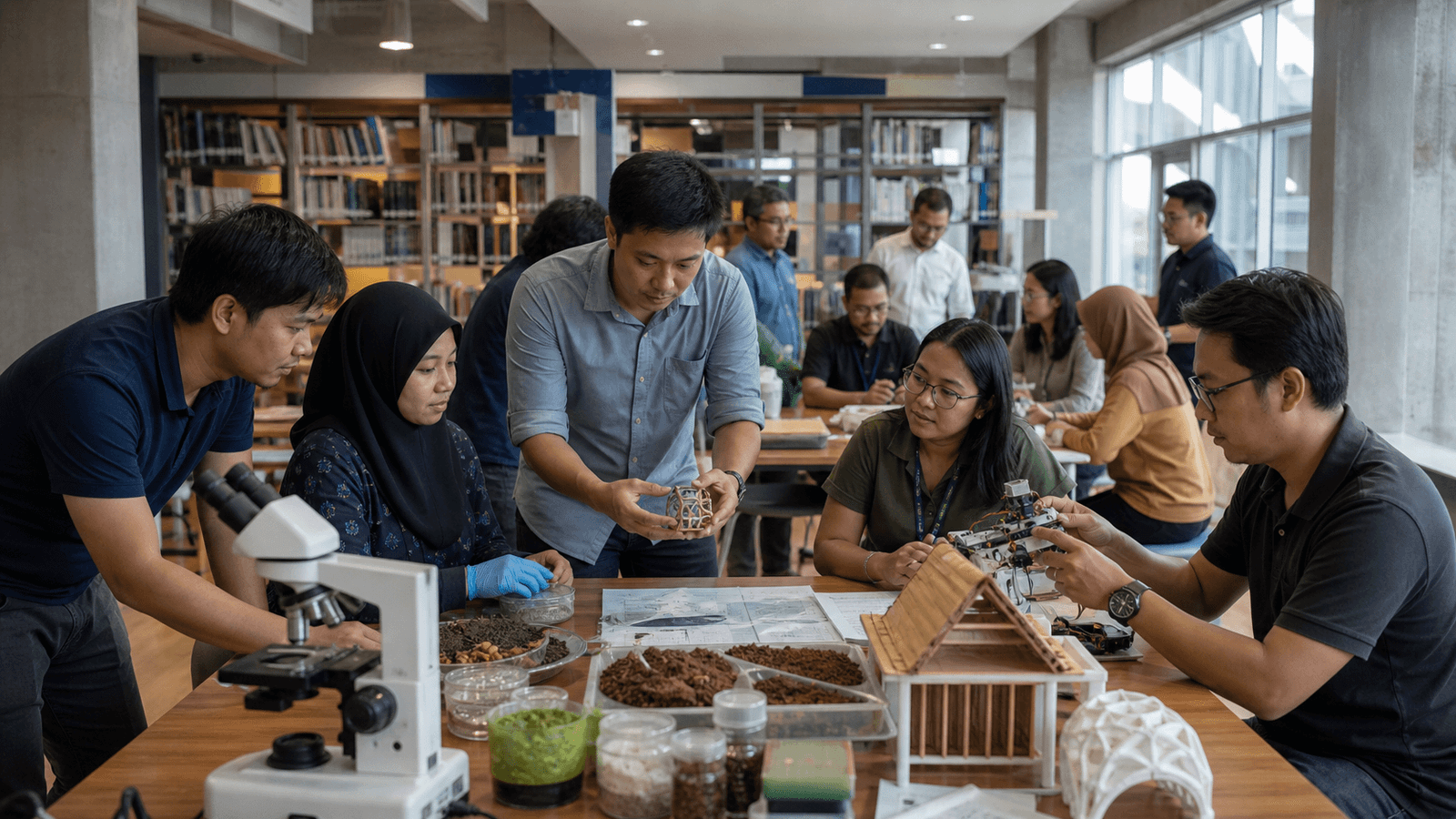 Editorial raster image of regional researchers collaborating around prototypes.