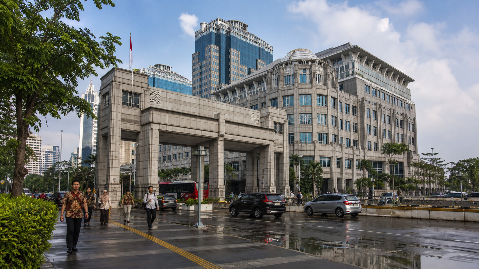 An Indonesian central-bank complex and surrounding Jakarta financial-district activity after rain.