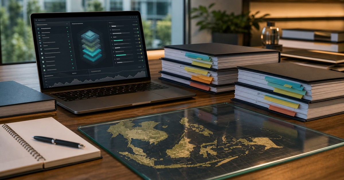 Country-level AI governance evidence arranged around a Southeast Asia map.