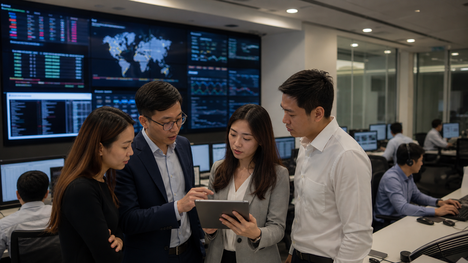 A fintech operations team reviews investor-platform workflows in a market-monitoring room.