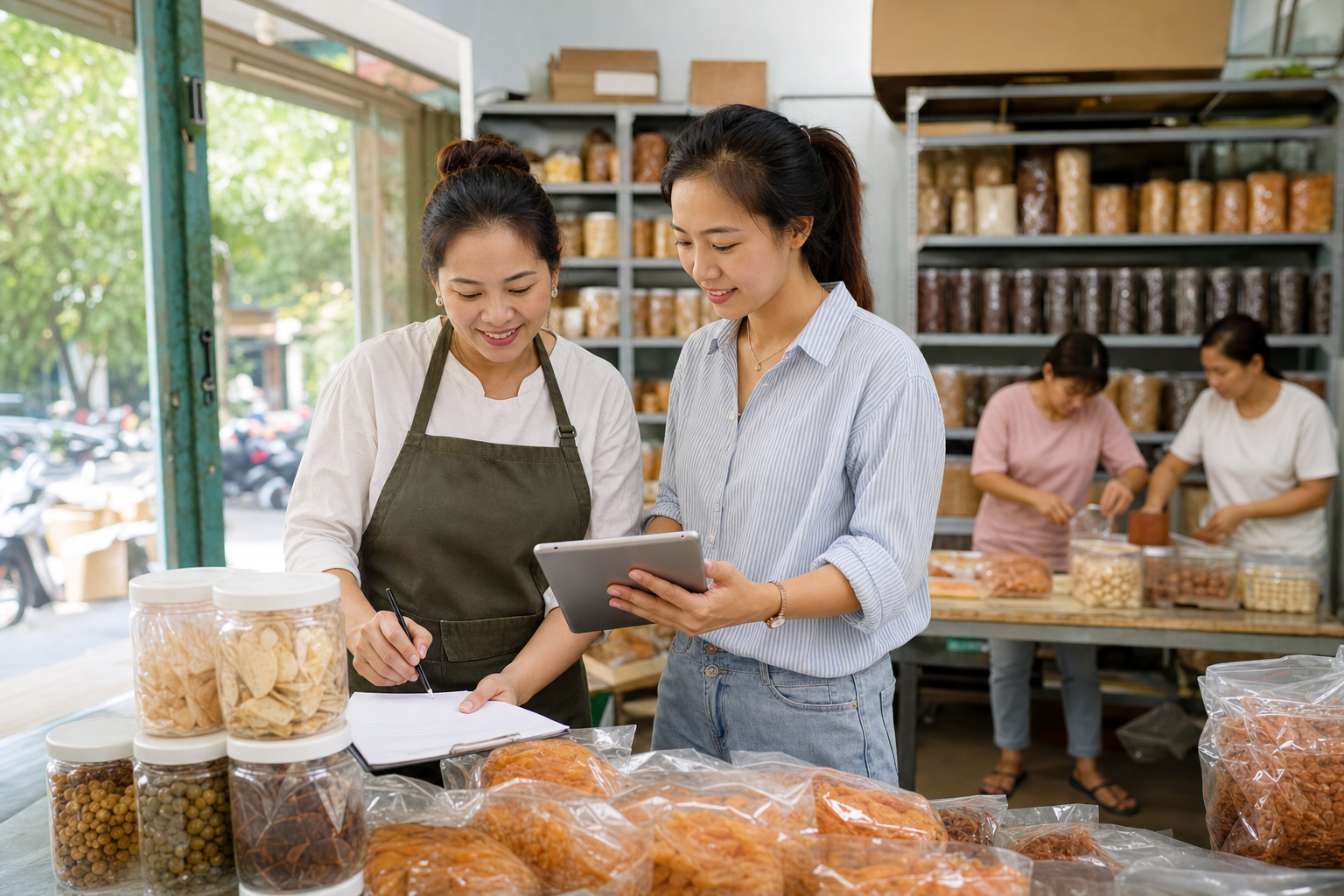 Women running a small food business in Viet Nam review orders and finance paperwork together.