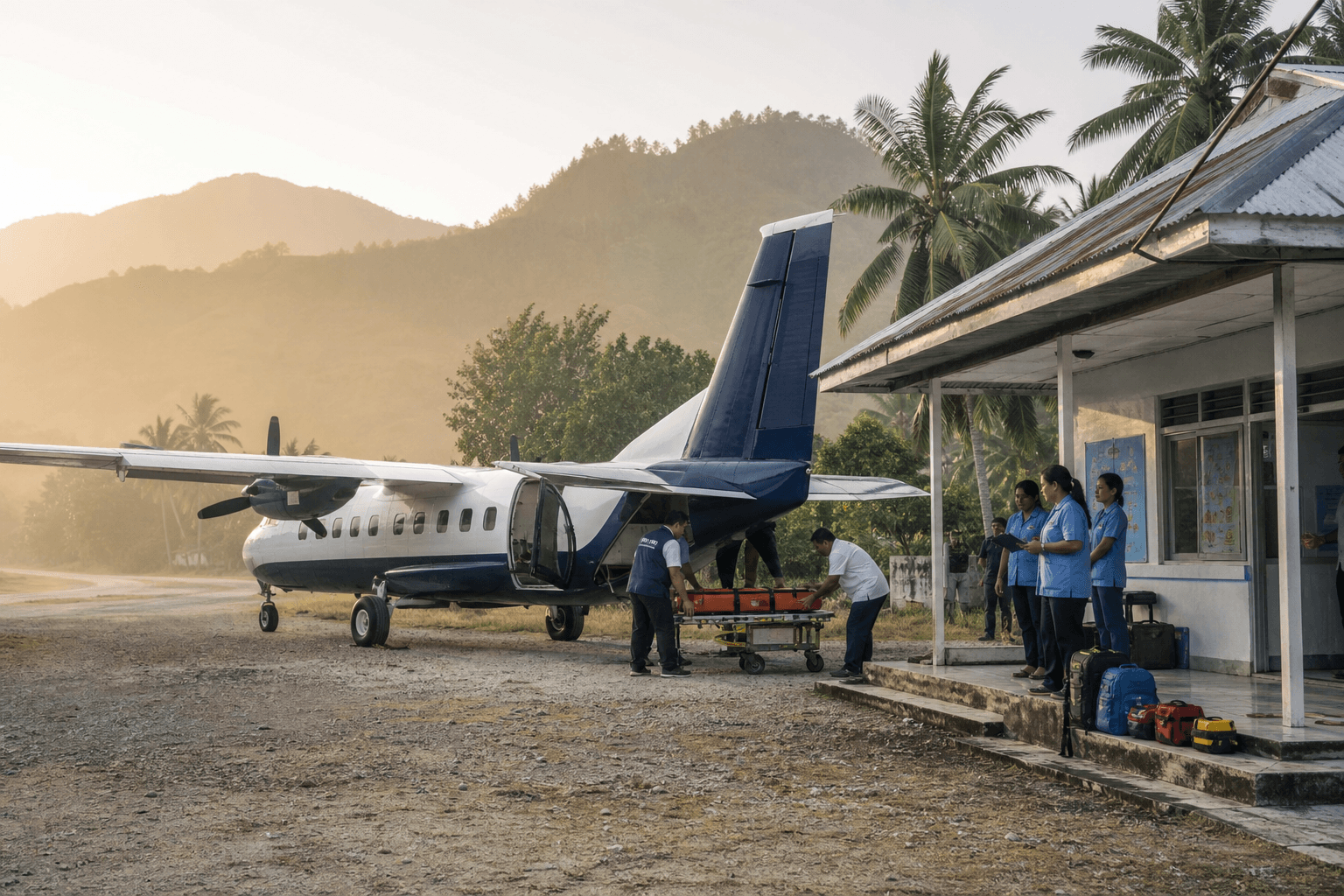 Editorial illustration of a twin-engine N219 aircraft approaching a remote island clinic with an emergency medical landing zone
