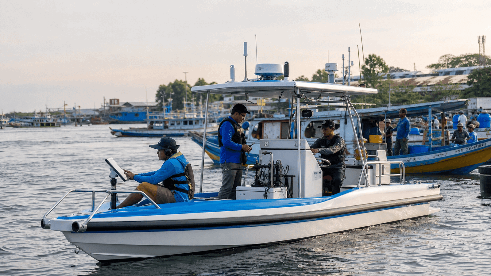Editorial raster image of engineers reviewing a local coastal vessel innovation.