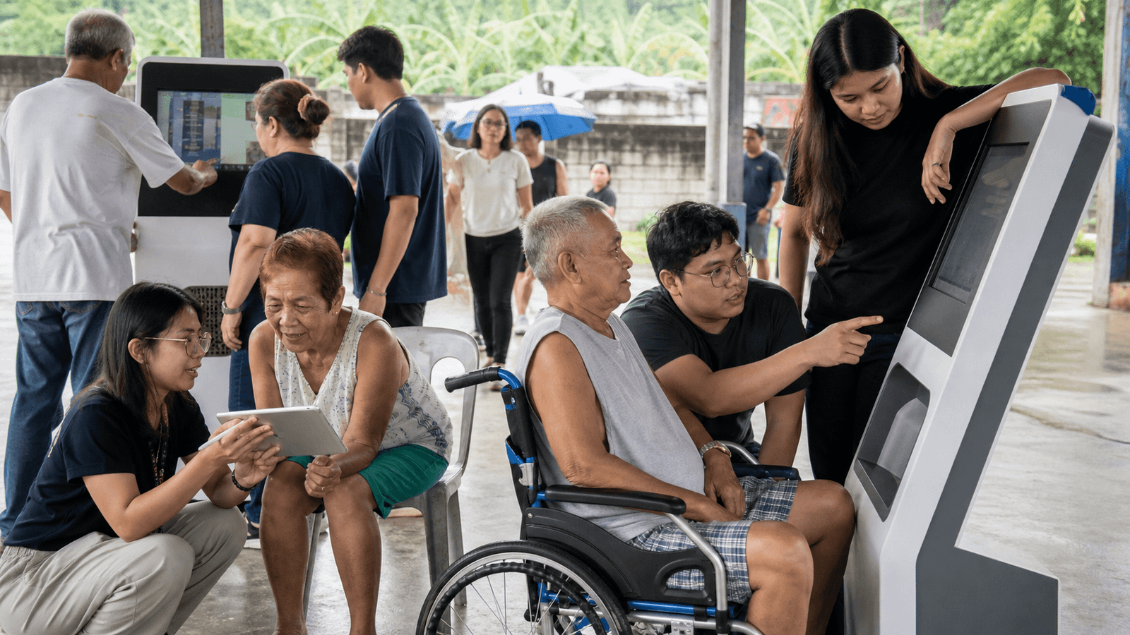 Editorial raster image of community members testing practical smart-community services.