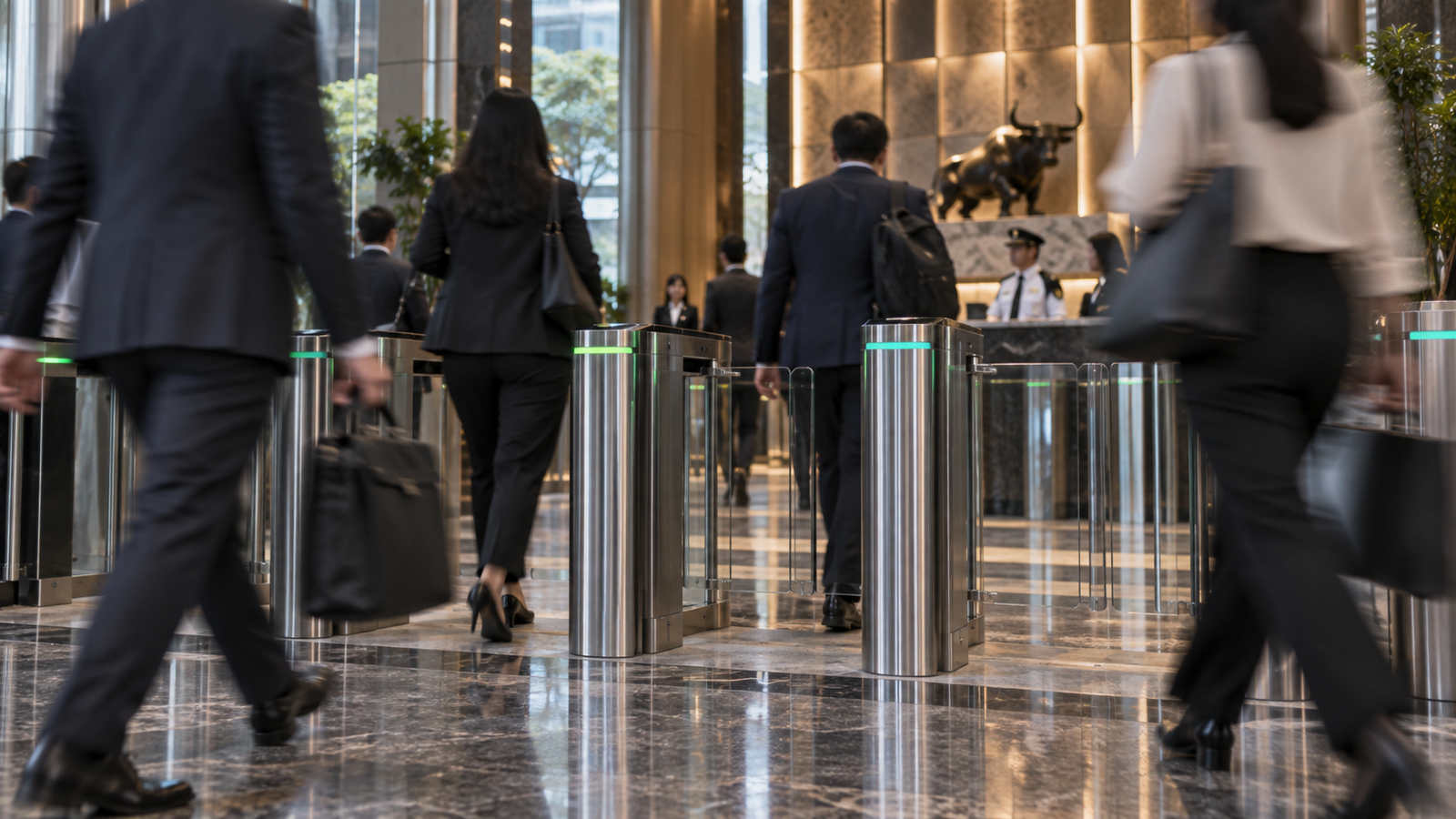Illustrative scene created for Southeast Asia Connect: market professionals move through controlled-entry turnstiles in a Jakarta financial-services lobby.