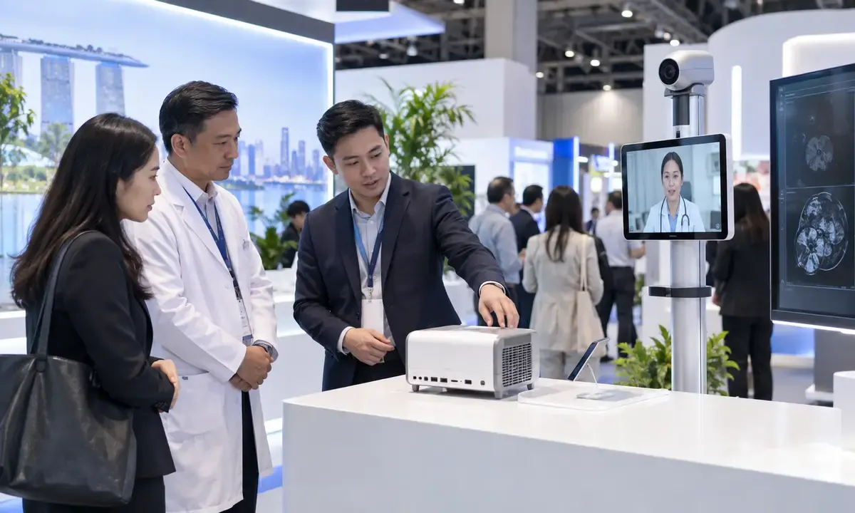 Clinicians and visitors view generic medical computing, telemedicine and imaging equipment at a modern trade exhibition.