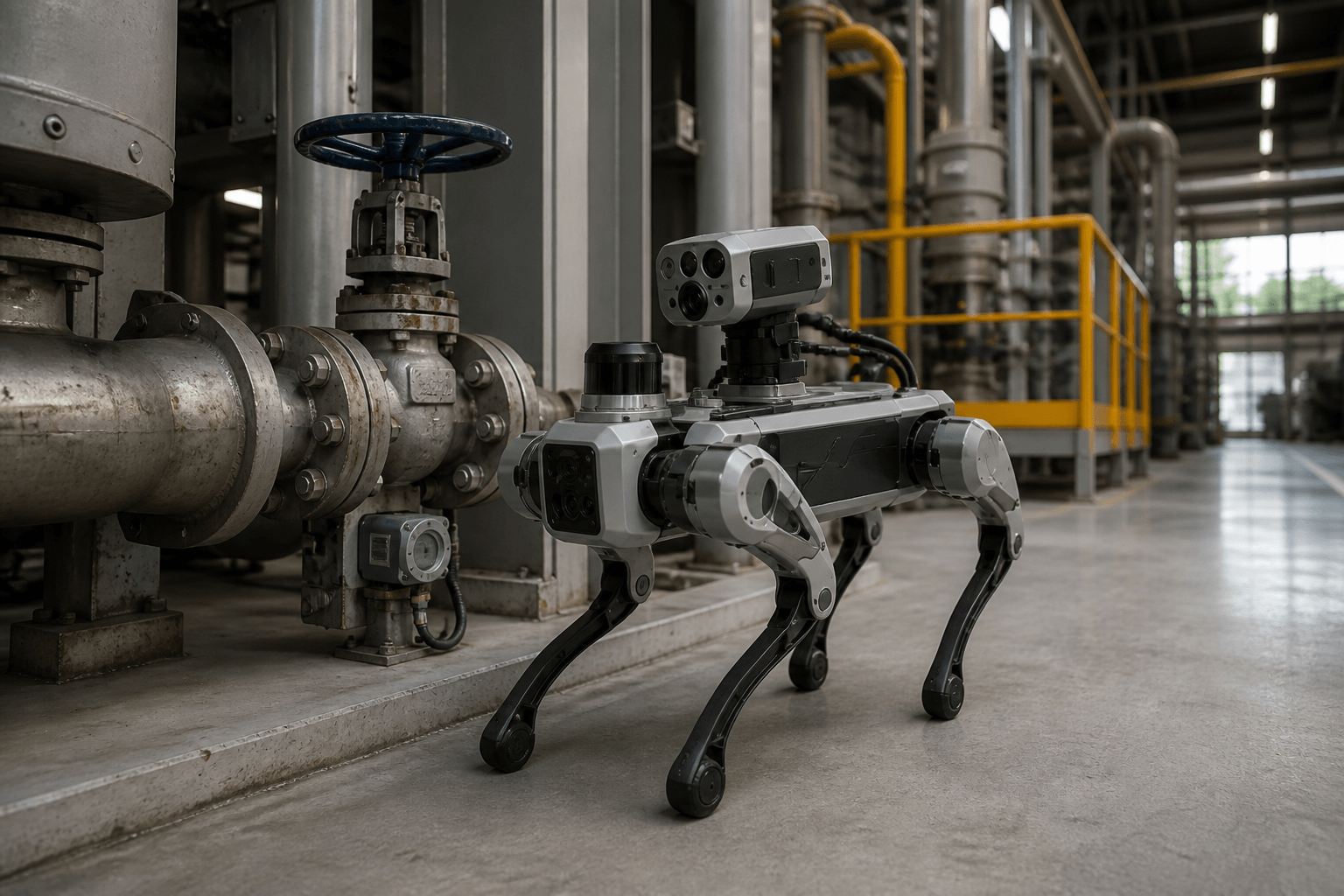 Autonomous quadruped inspection robot checking equipment in a modern industrial facility.