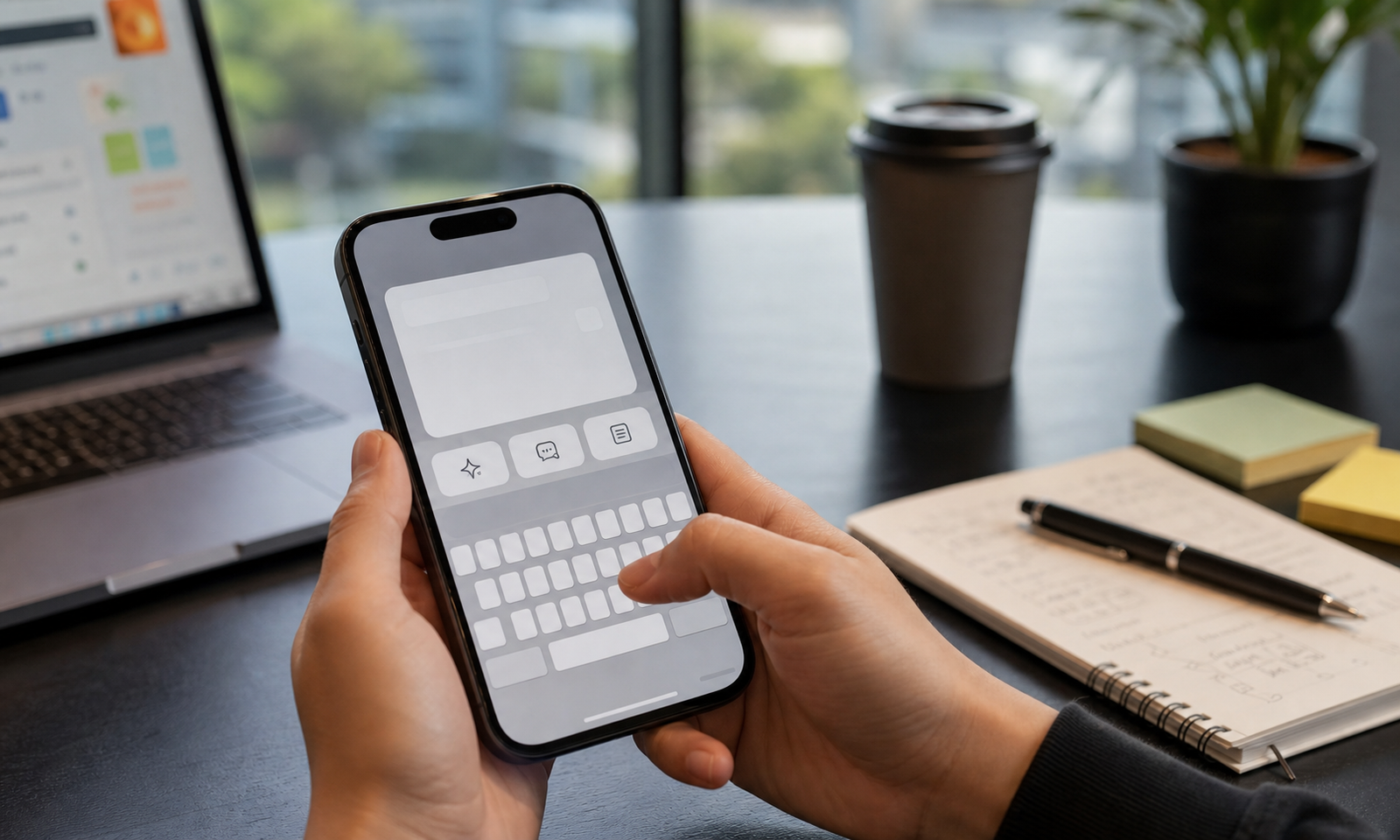 A workplace keyboard, AI task prompts and daily tool usage in a Singapore enterprise context.