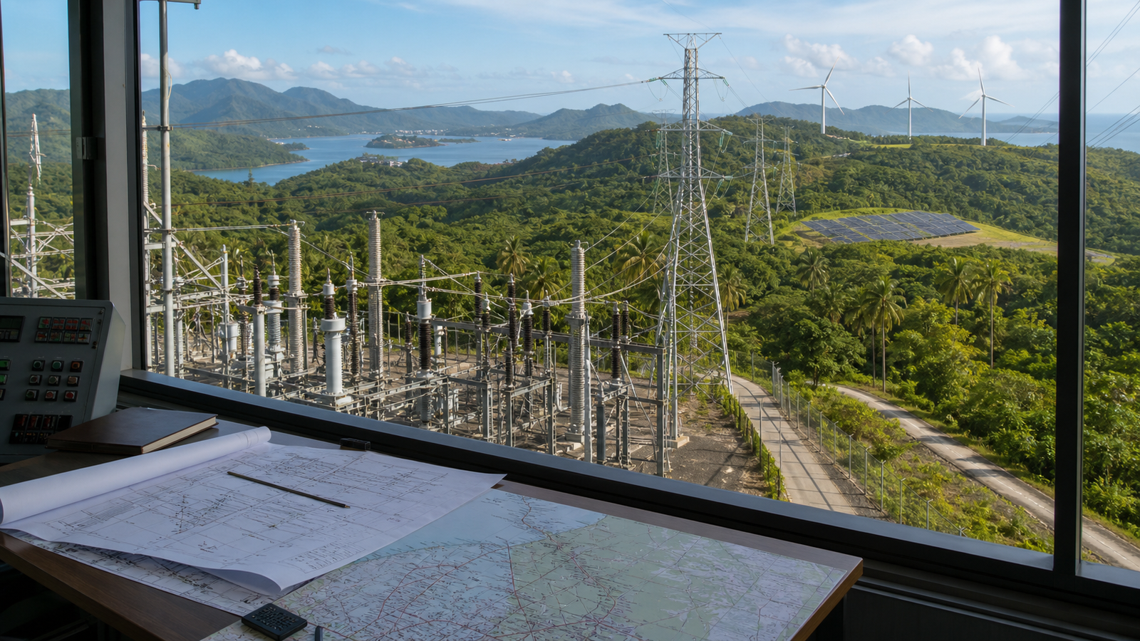 Editorial illustration of an electricity substation, transmission lines and renewable-energy landscape in the Philippines.