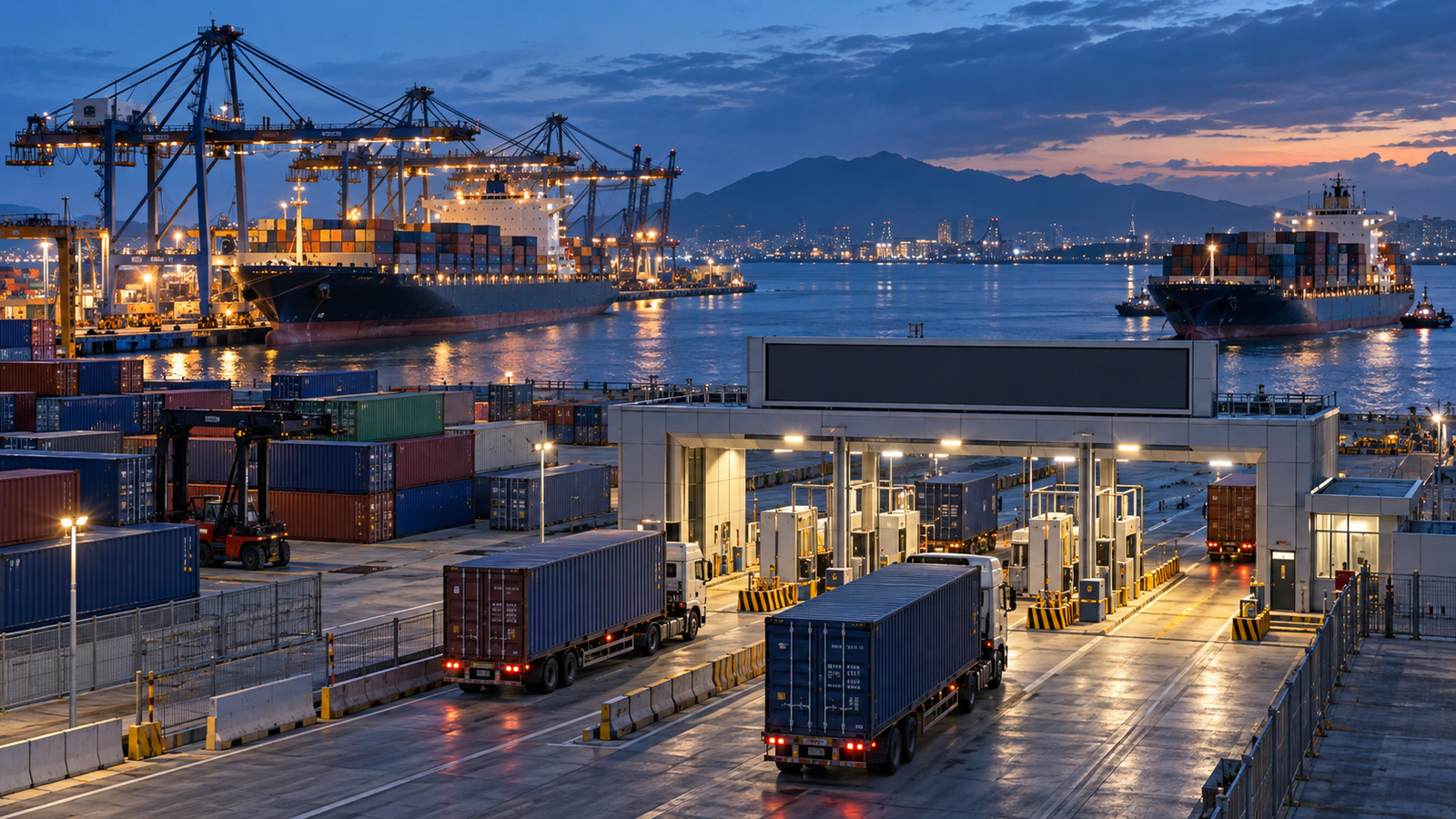 Illustrative scene created for Southeast Asia Connect: containers move through a customs gate at a Southeast Asian cargo port.