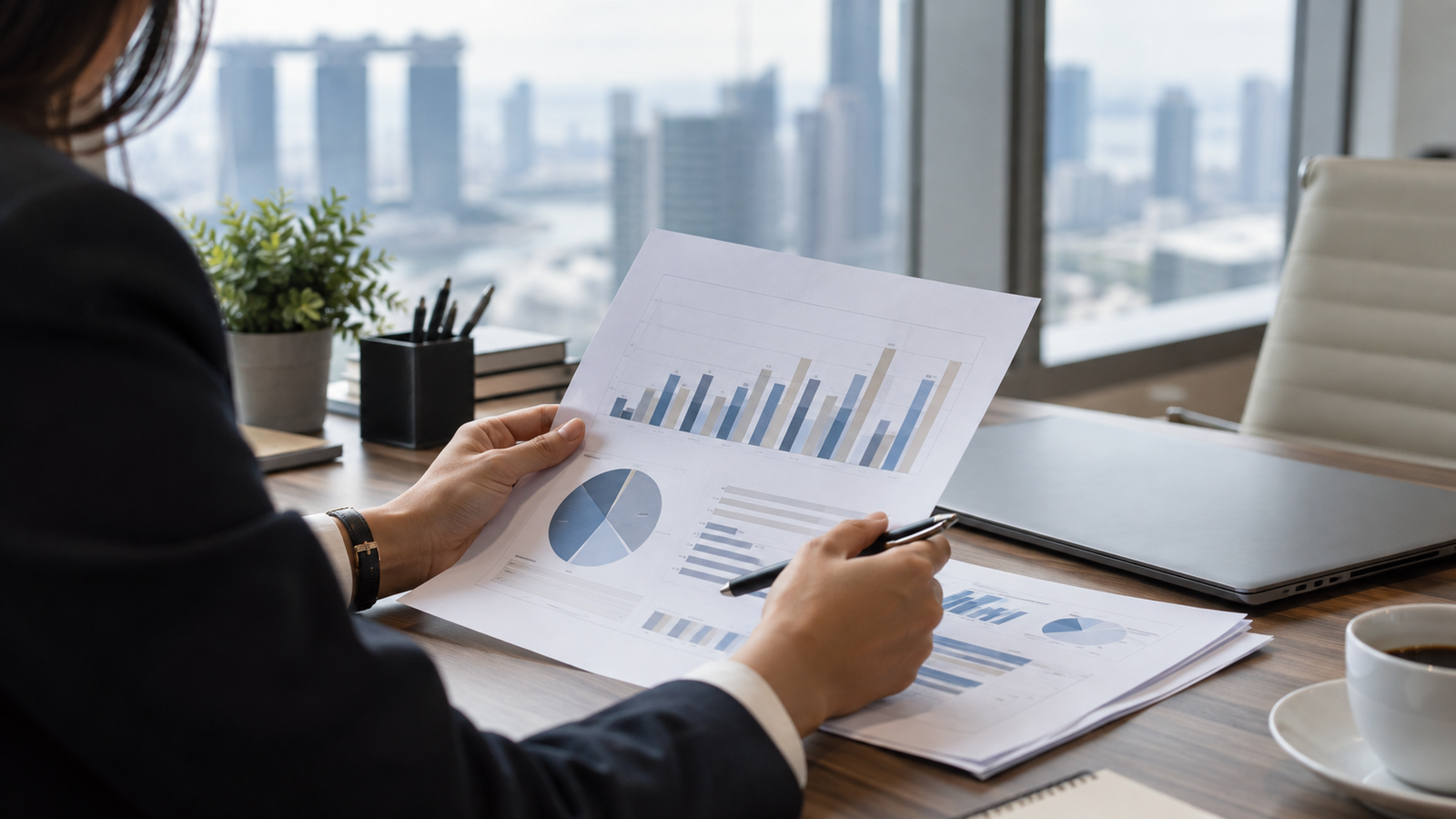 Illustrative scene created for SEA Connect: an unidentified financial professional reviews unbranded consumer-lending research charts in a Singapore office.