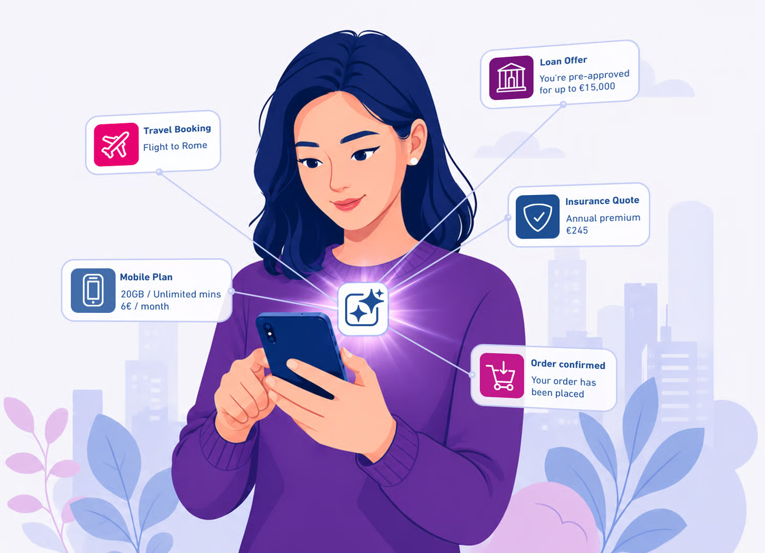 Experian report visual showing a consumer using an AI agent for travel, loan, insurance, mobile plan and shopping decisions.