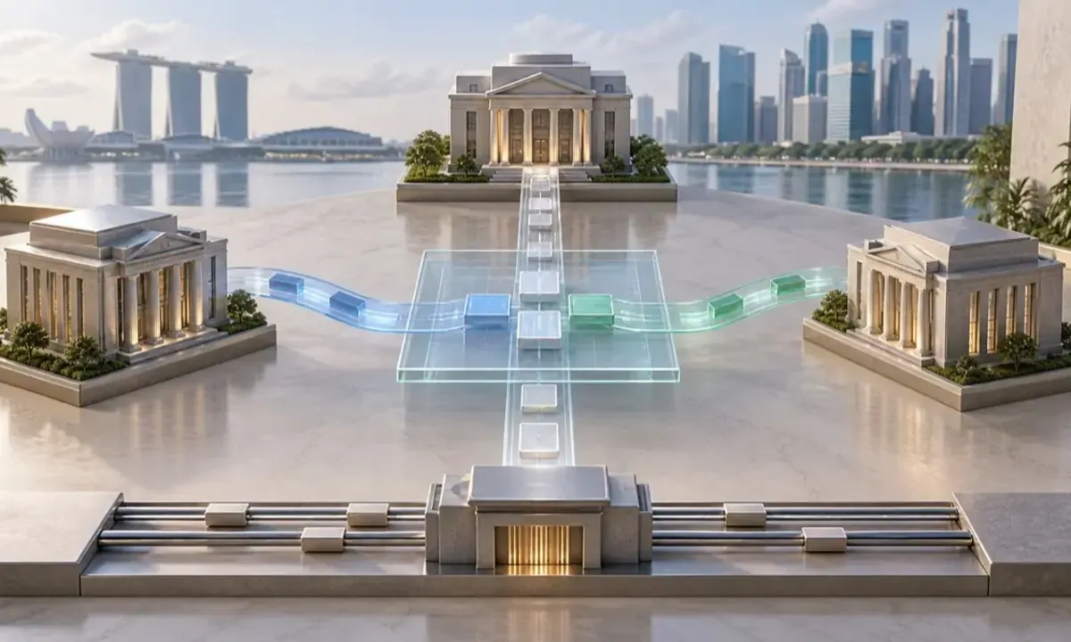 Three unbranded bank buildings connect through a transparent shared ledger before a separate settlement rail.