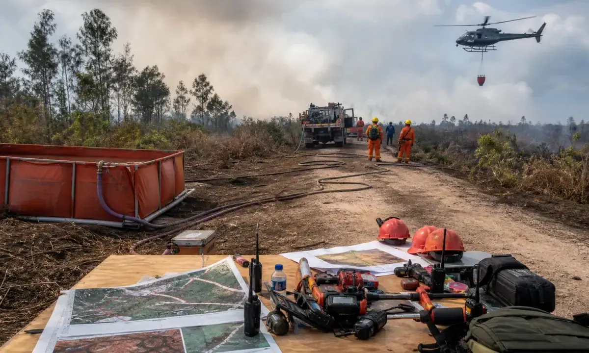 Peatland wildfire-response equipment, field coordination materials and air-support context in Central Kalimantan.