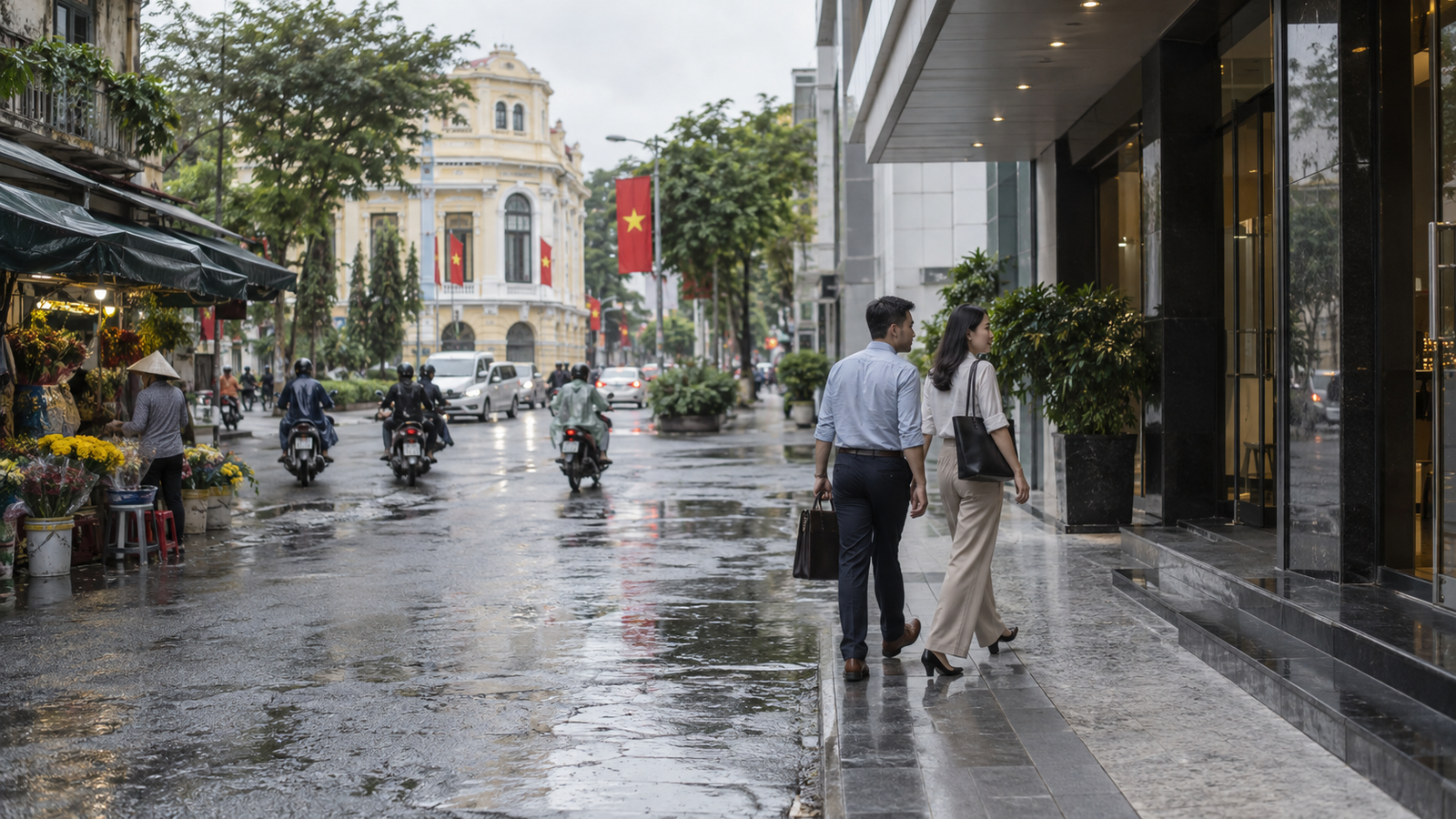 Business professionals walk past a Ho Chi Minh City office entrance on a rainy morning, with motorbikes, a flower stall and Vietnamese flags along the street.