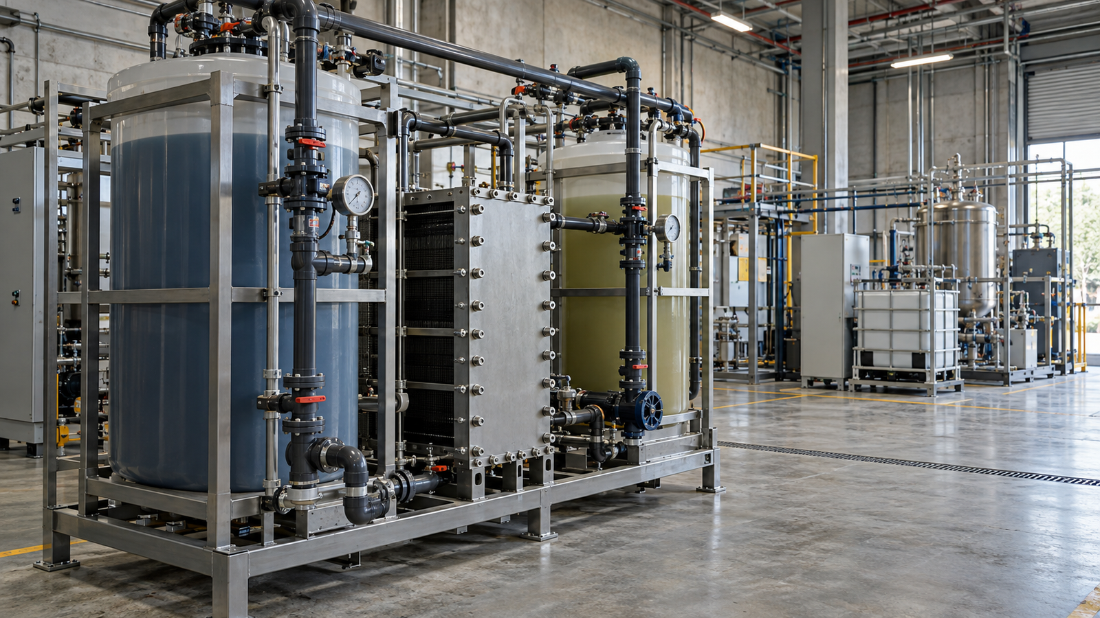 Illustrative modular energy-storage testing rig in an unbranded industrial pilot facility.