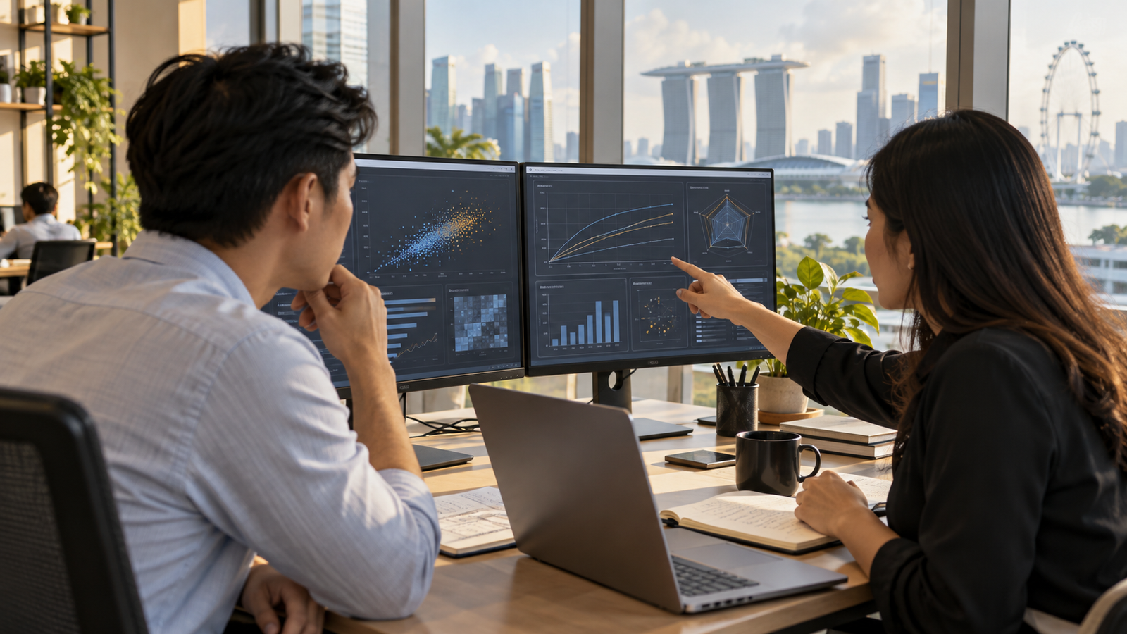 Illustrative Singapore office team reviewing abstract AI model-evaluation charts on unbranded monitors; not Anthropic's office.