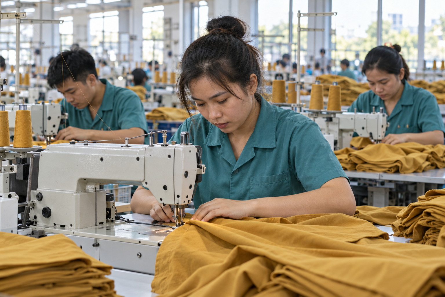 Illustrative garment factory workers using sewing machines; not an actual facility or measured company result.
