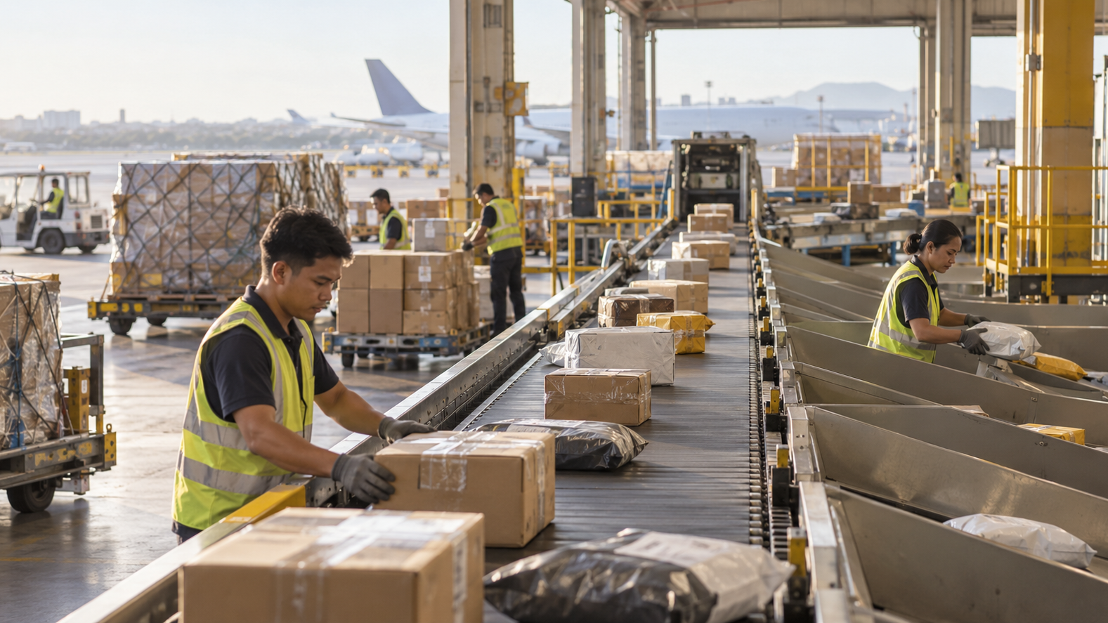 Illustration of workers sorting unbranded parcels on conveyors inside a generic airport cargo facility
