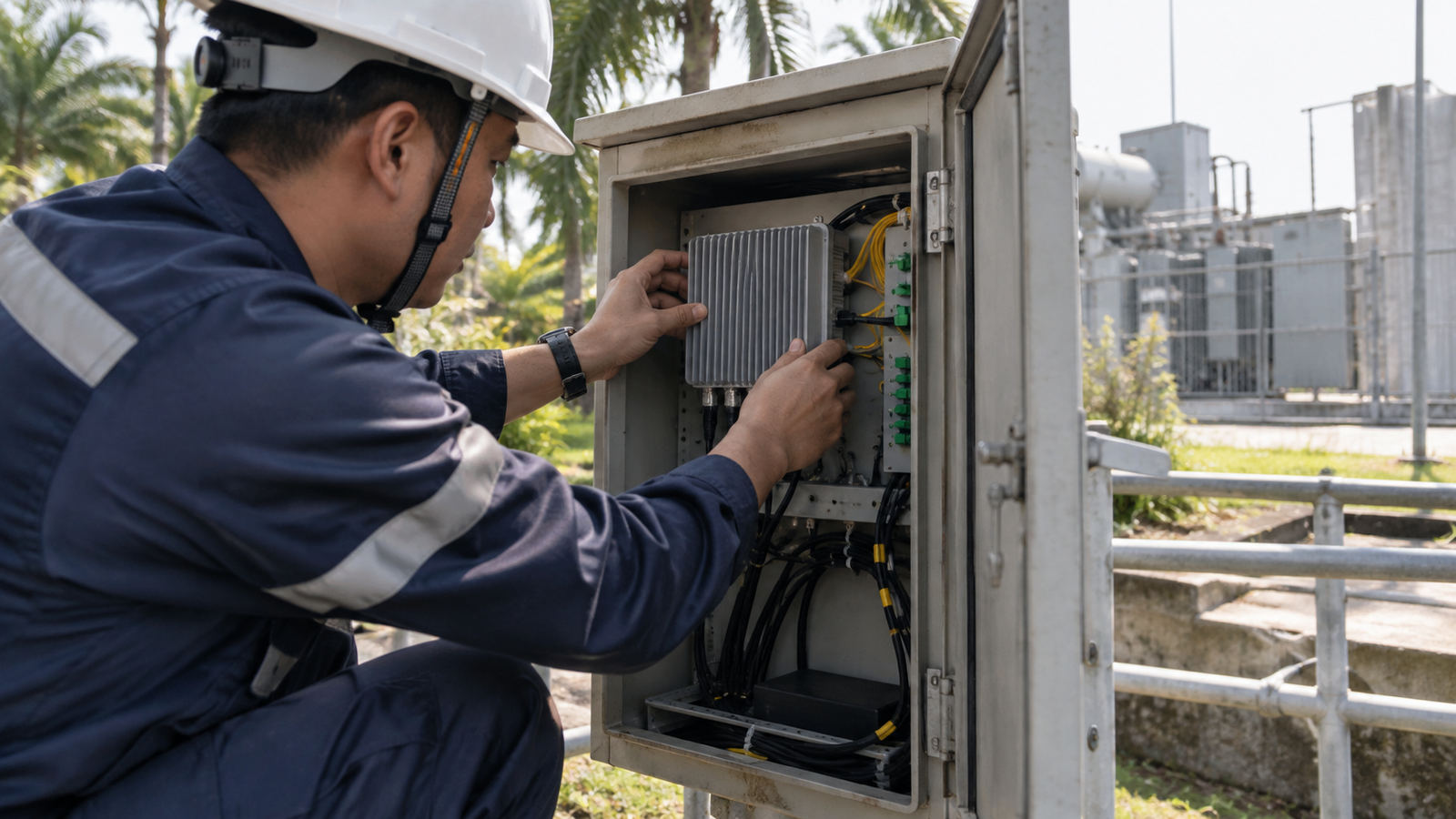 Illustrative technician checking a network sensor cabinet beside an industrial utility site