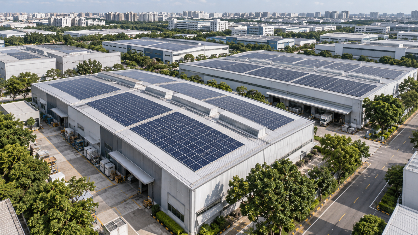 Illustrative aerial view of solar panels across several industrial rooftops in Singapore.