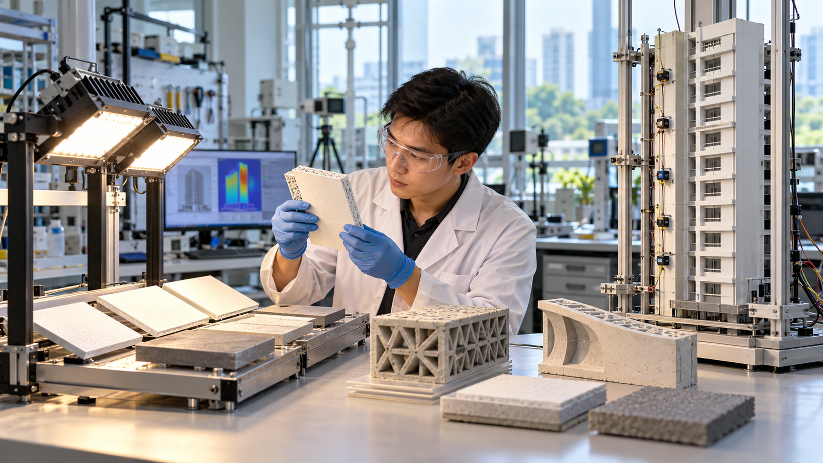 Illustrative researcher inspecting building-material samples in a generic test laboratory