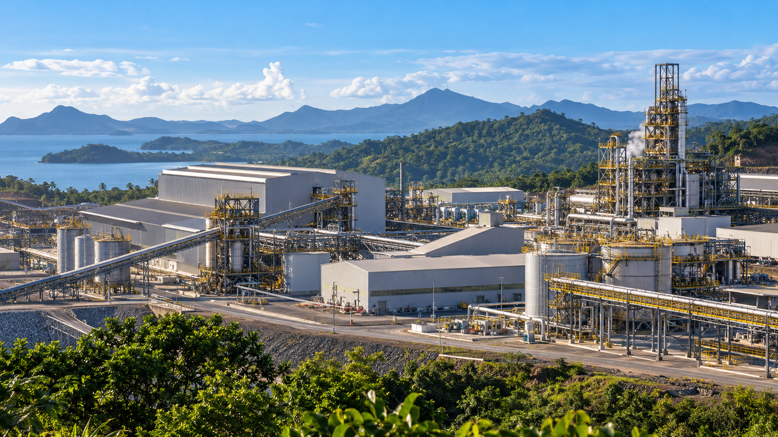Original illustrative wide view of a generic industrial processing complex with tropical hills; not a photograph of ENC.
