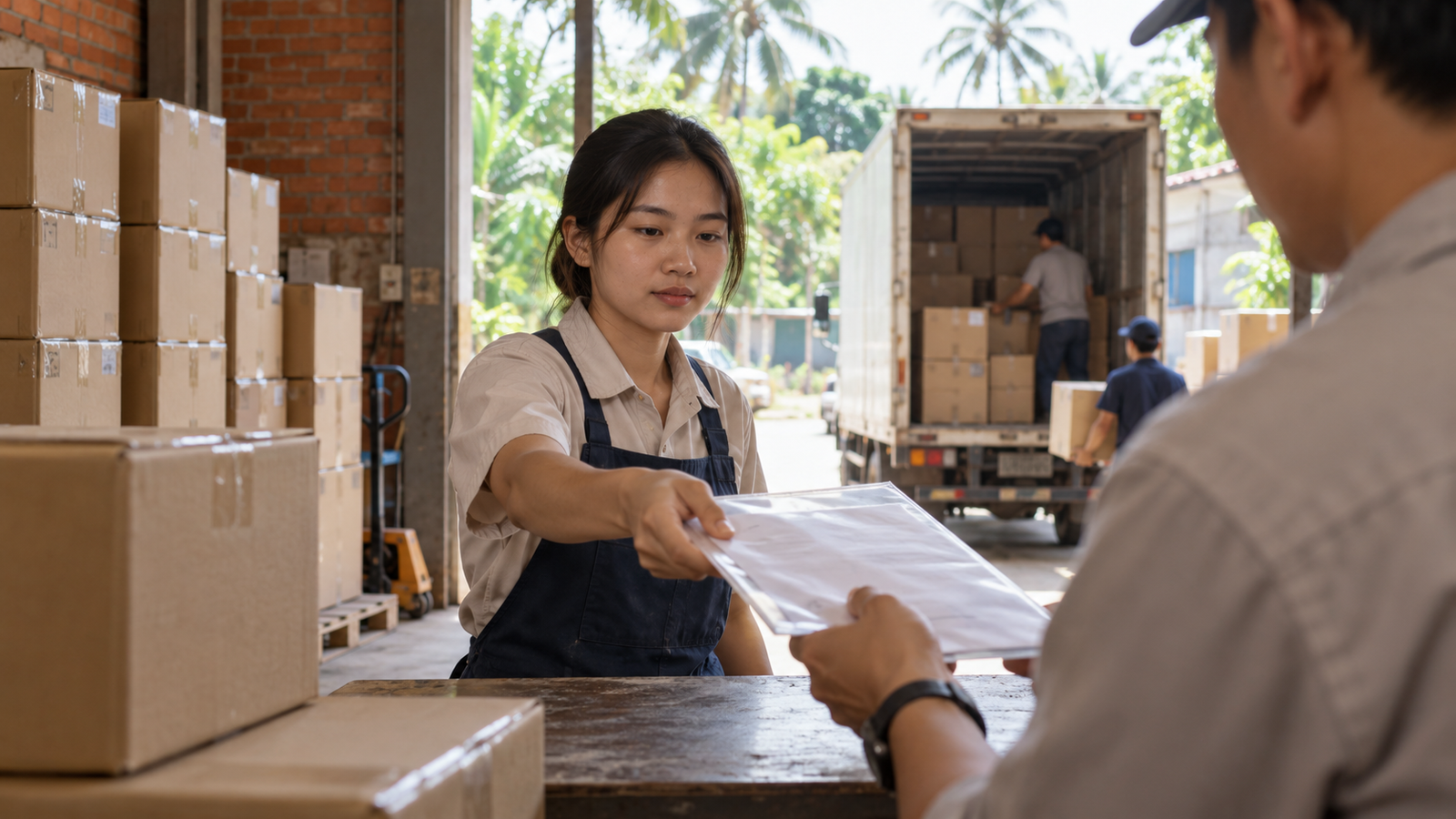 Illustrative paperwork handover at a Vietnamese warehouse dispatch counter; not an image of EuroCham survey respondents.