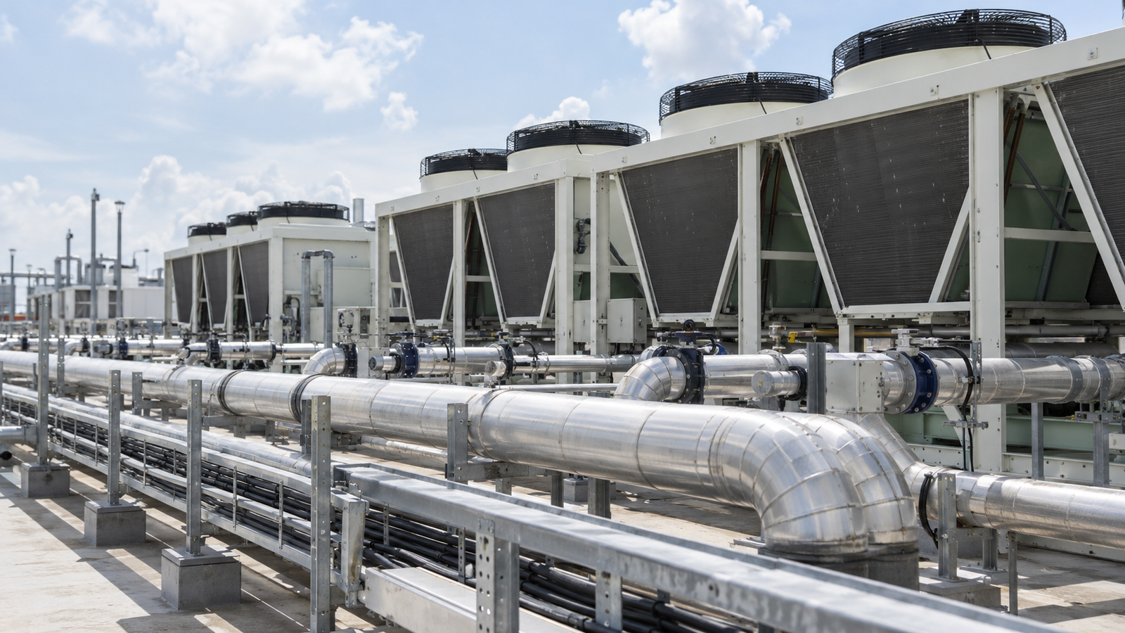 Illustrative data-centre cooling equipment and pipework; not a DayOne site or evidence of operating capacity in Johor.