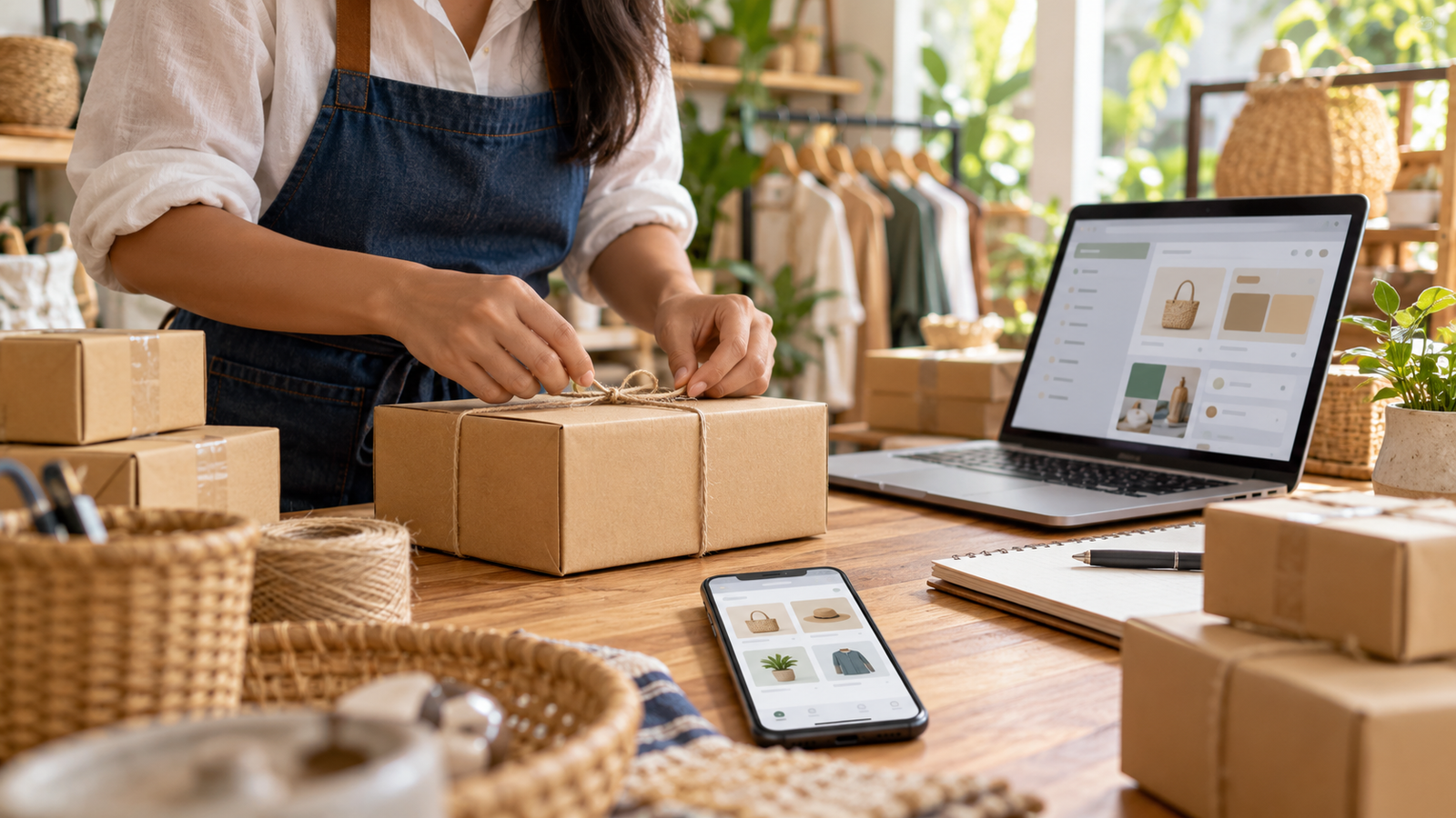 Original illustrative view of an online seller packing an unbranded parcel beside a generic shopping interface; no report transaction or GenAI user is depicted.