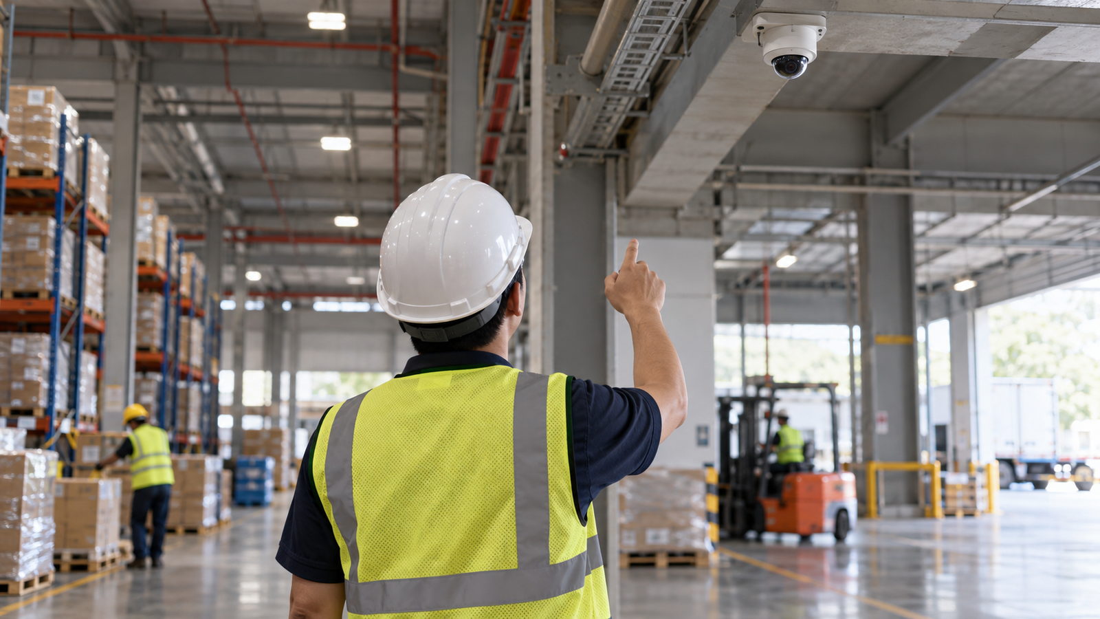 Photorealistic original illustrative scene of an anonymous warehouse safety supervisor looking toward a generic fixed ceiling camera; no Ailytics deployment or customer is shown.