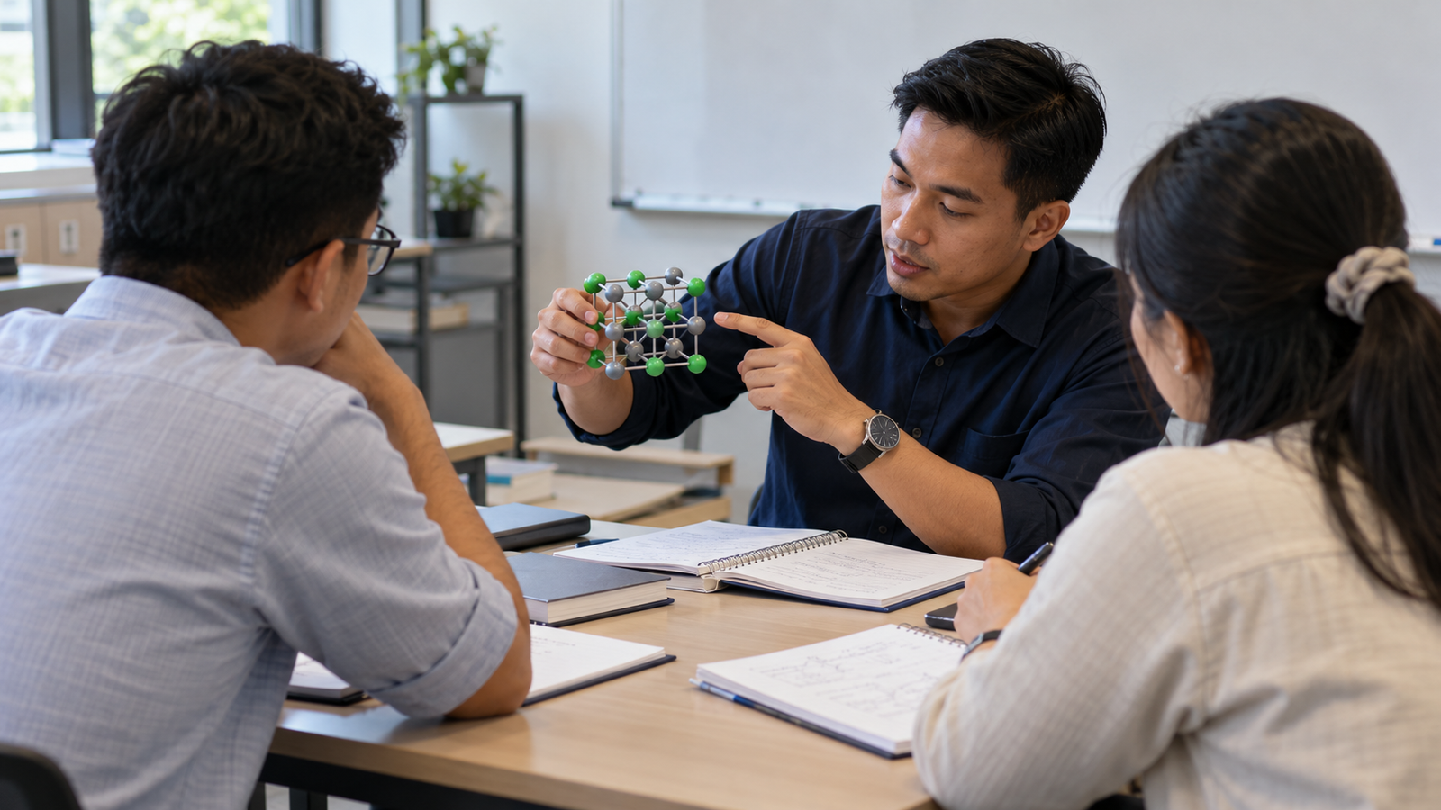 Original photoreal illustration of three fictional professionals discussing a physical science model at a training table; no actual METI/EMA participant or facility shown.