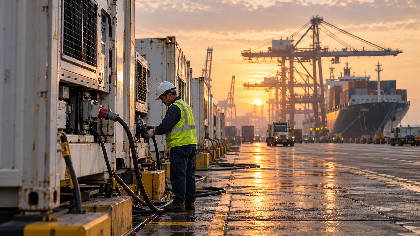 Illustrative port cold-chain containers and power connections at dawn, with a worker checking equipment. No ADB activity is depicted.