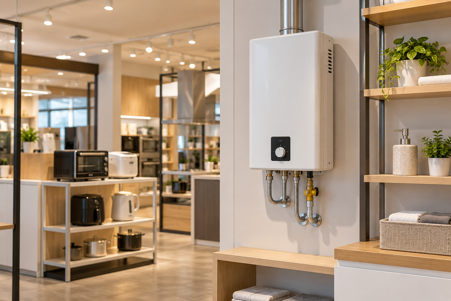 Original illustration of a generic wall-mounted gas water heater in an unbranded retail display; it does not show a City Energy or IKEA booth.