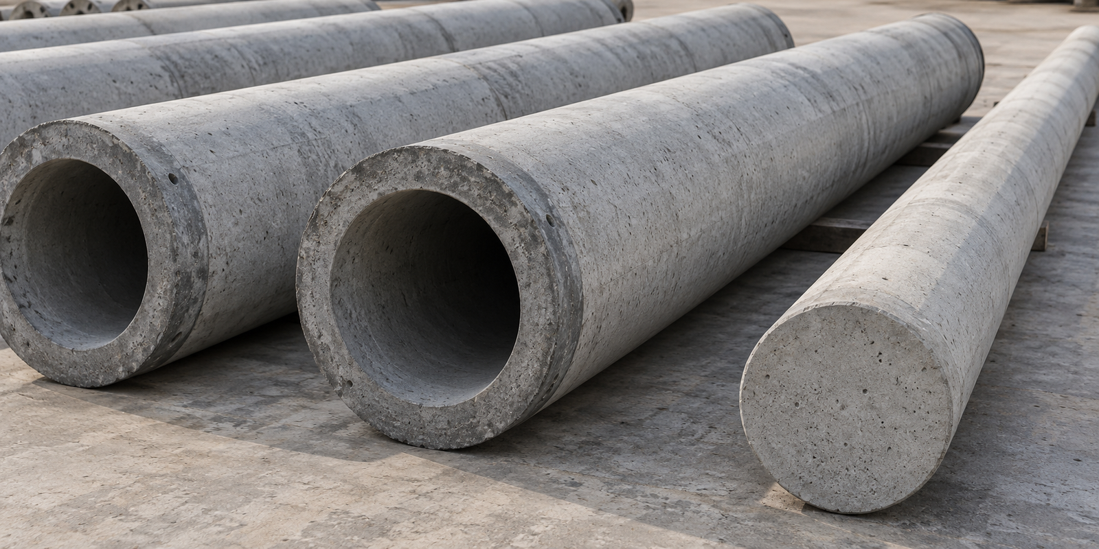 Original illustration of generic precast concrete pile sections and a pole sample on a workshop floor; no actual PMW site is shown.