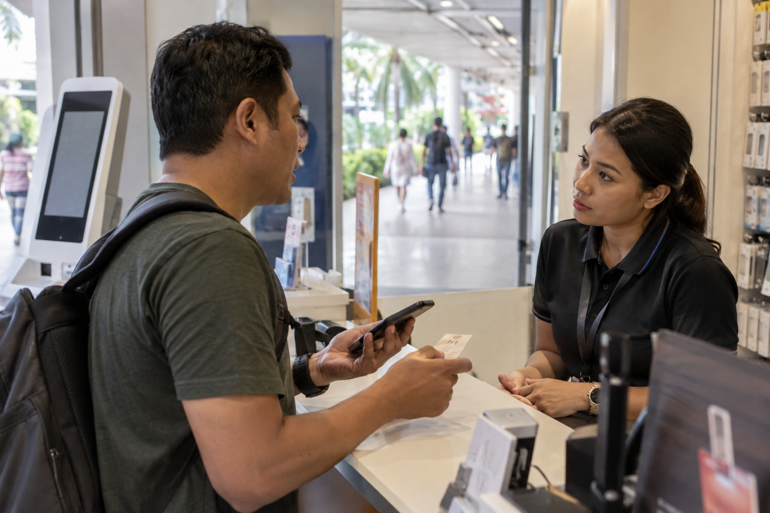 Illustrative telecom service-counter scene showing a customer with a phone and queue ticket speaking with a representative; no actual OneByZero client or deployment is depicted.