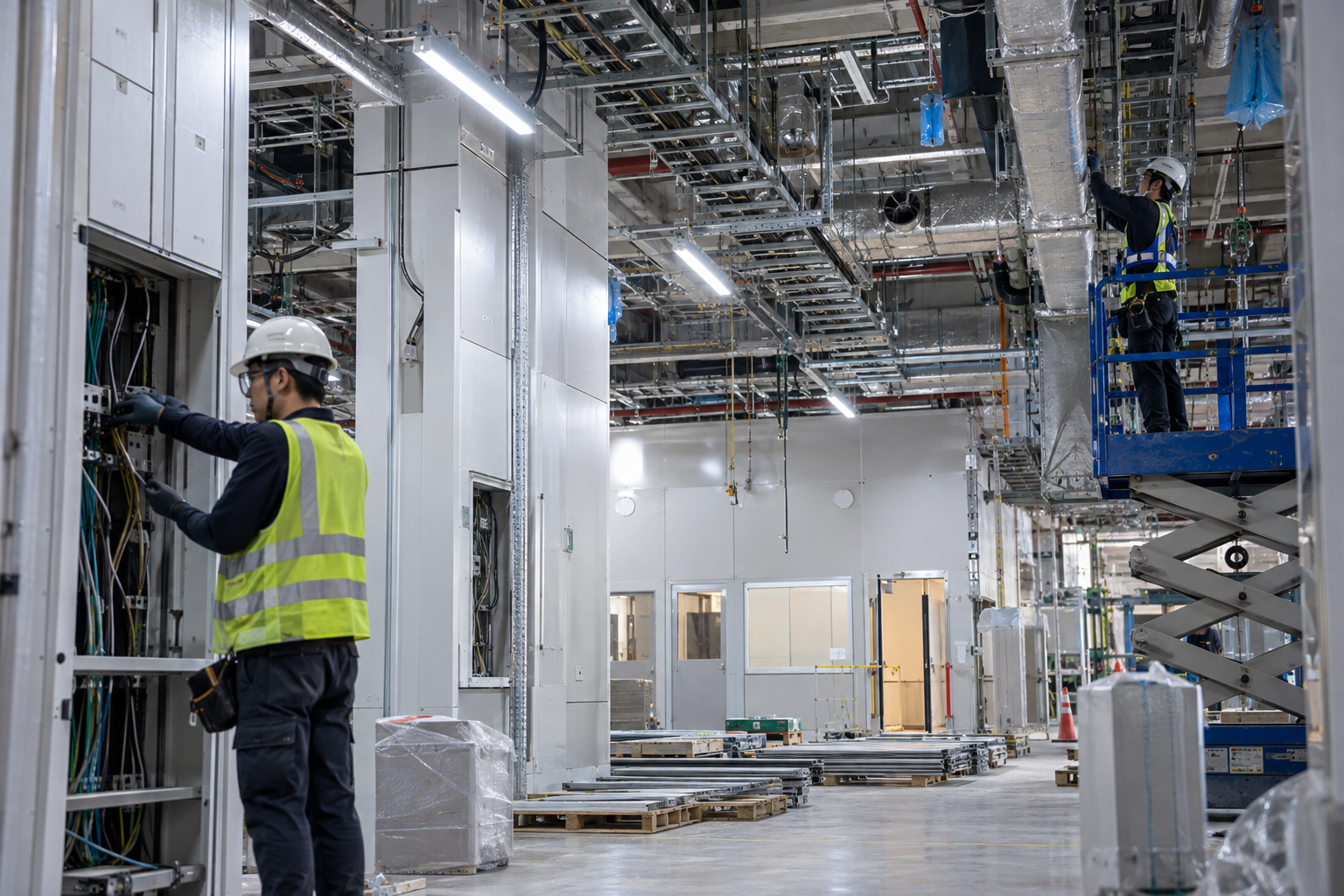 Illustrative semiconductor facility fit-out with technicians installing infrastructure, not an actual iCents customer site
