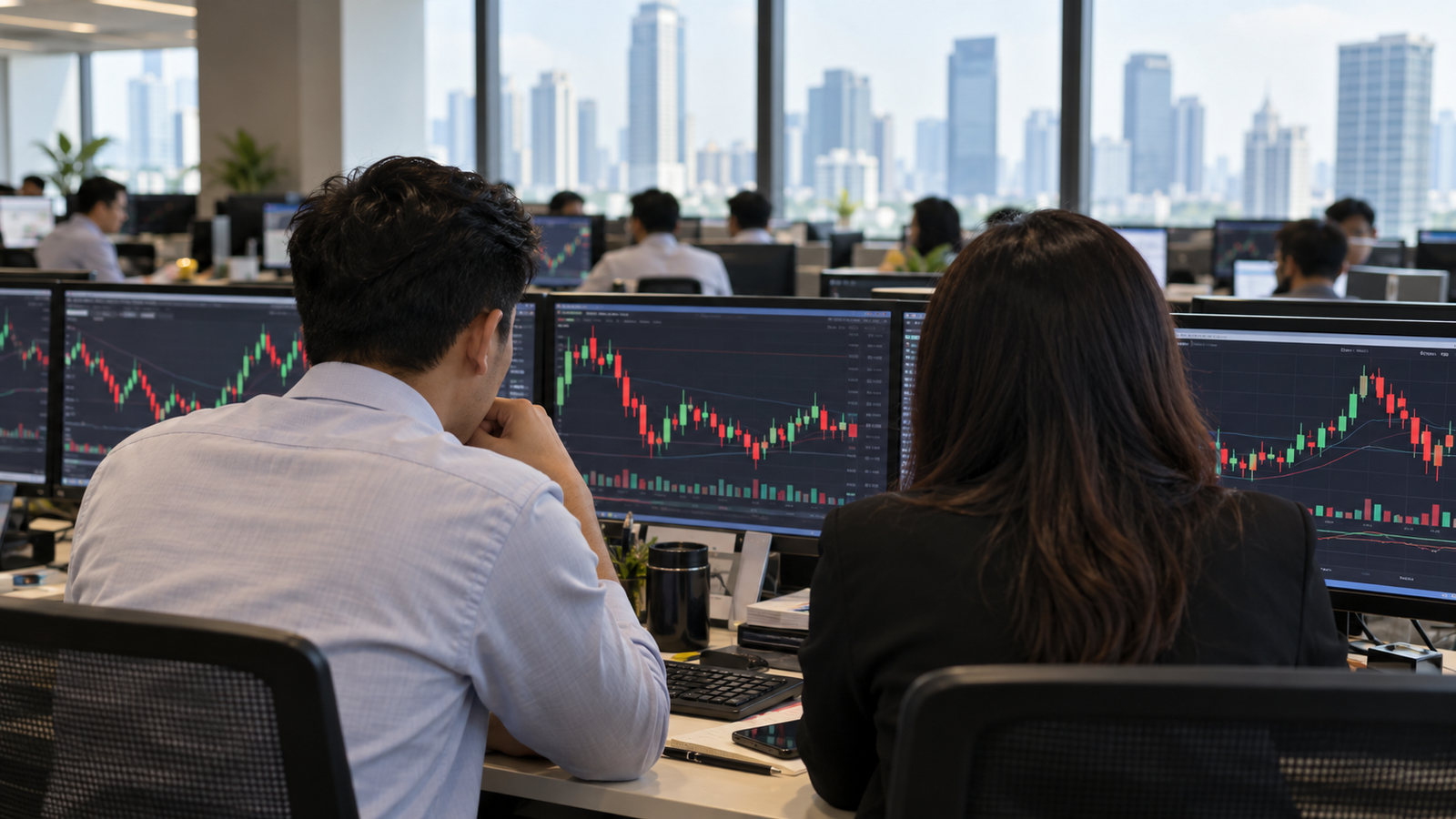 Illustrative scene of brokerage staff reviewing abstract market charts in a Jakarta office; this is not a photograph of the 19 October trading session.