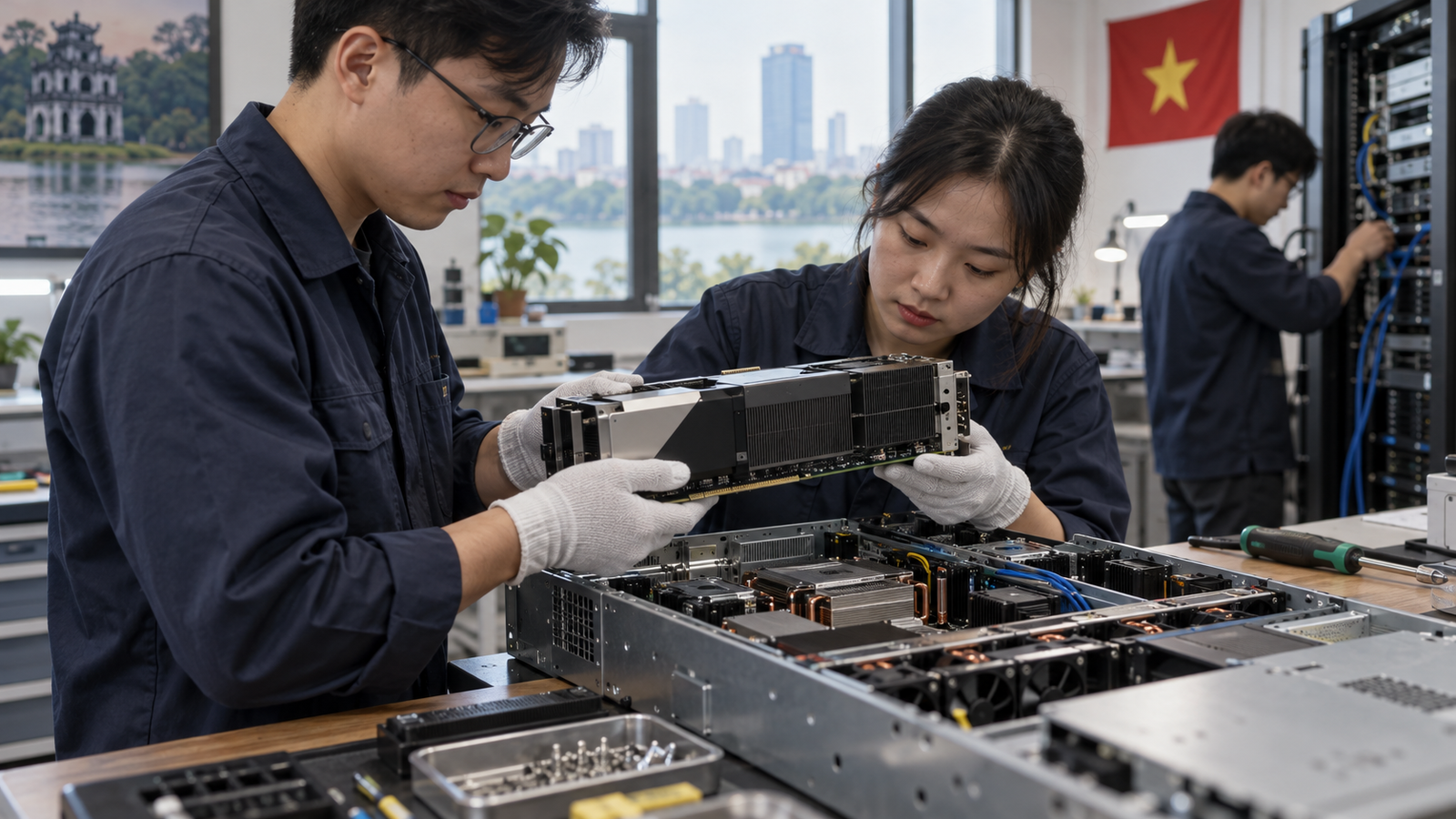 Illustrative engineers inspecting a computing accelerator and server hardware in a Vietnamese workspace; not an FPT or NAVER facility.