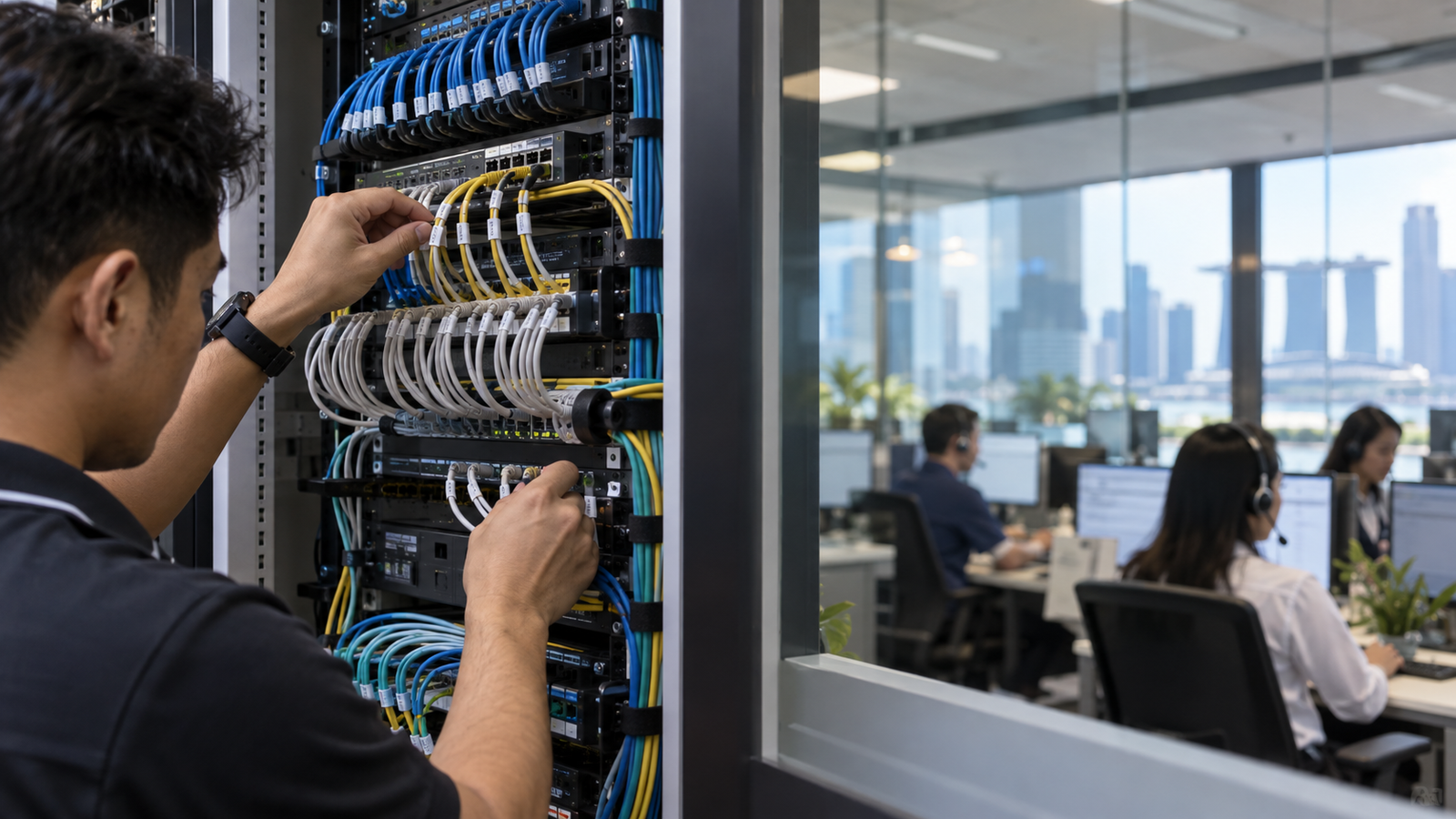 Illustrative technician checking telecom cabling beside a customer-support floor in Singapore; not a Toku or Zoom facility.