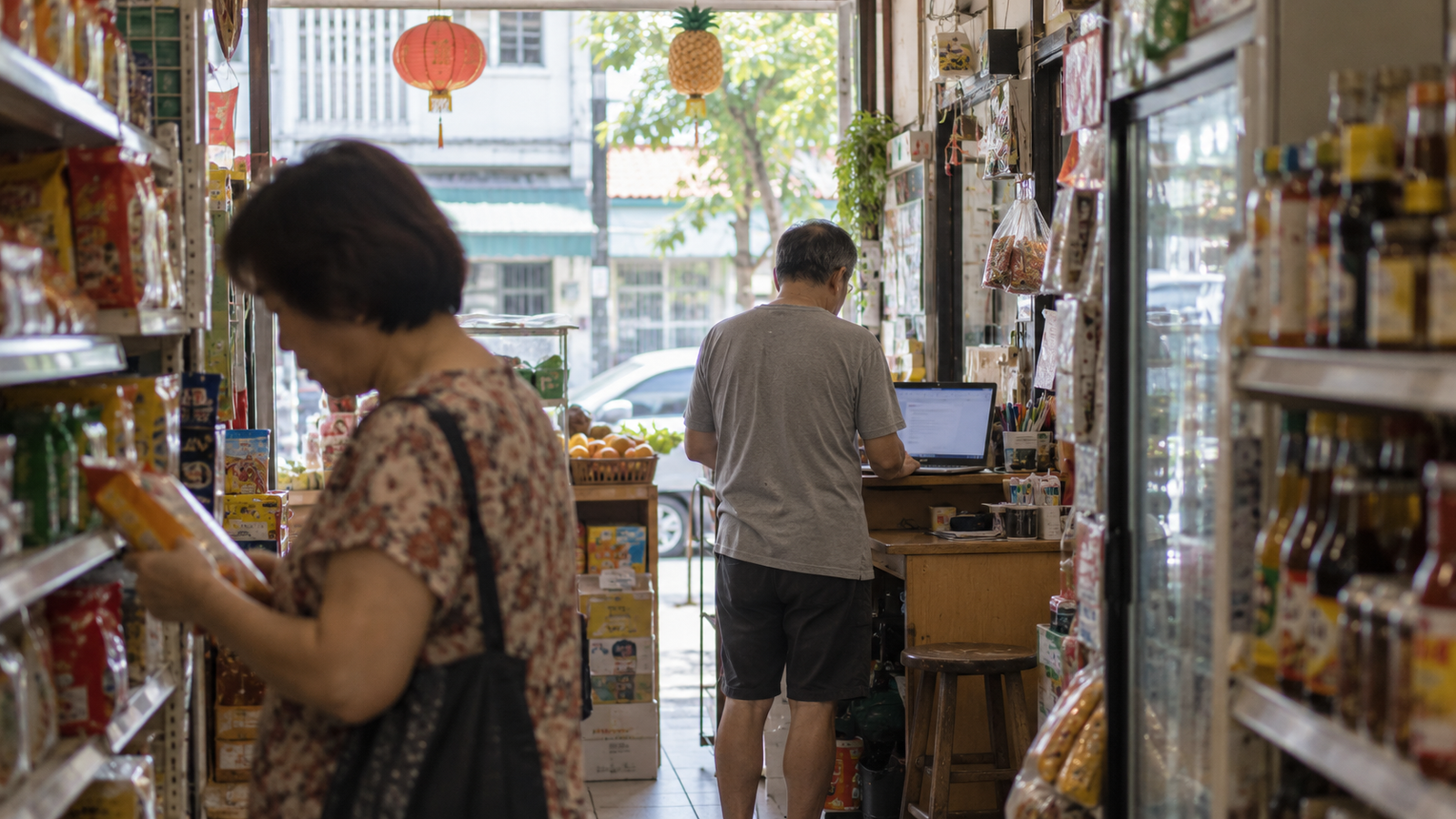 An illustrative neighbourhood shop interior with a customer in the foreground and an operator at a laptop; no actual Singapore firm or AI use is shown.