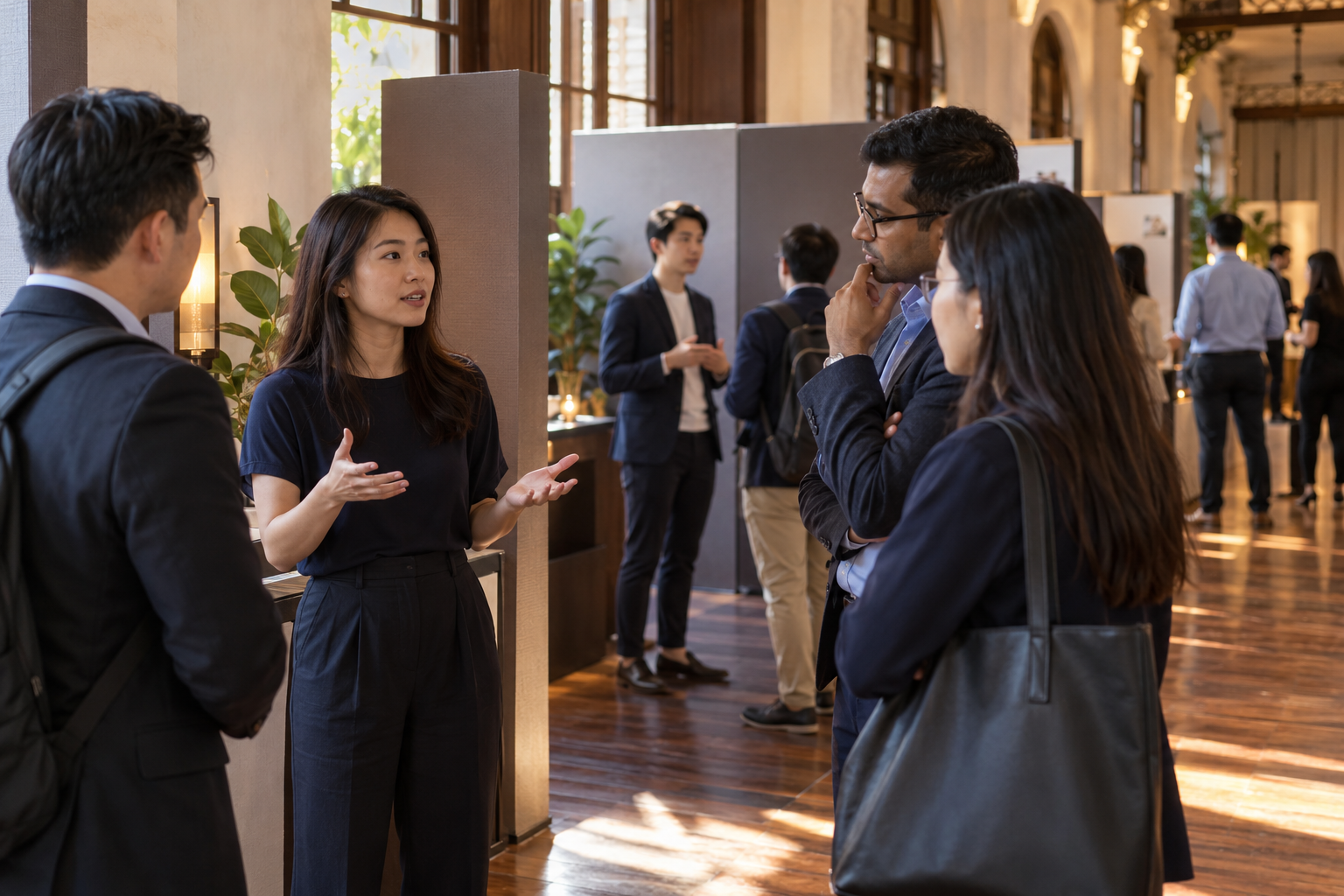 Illustrative investor showcase with visitors listening to one founder and another pitch alcove visible behind them.