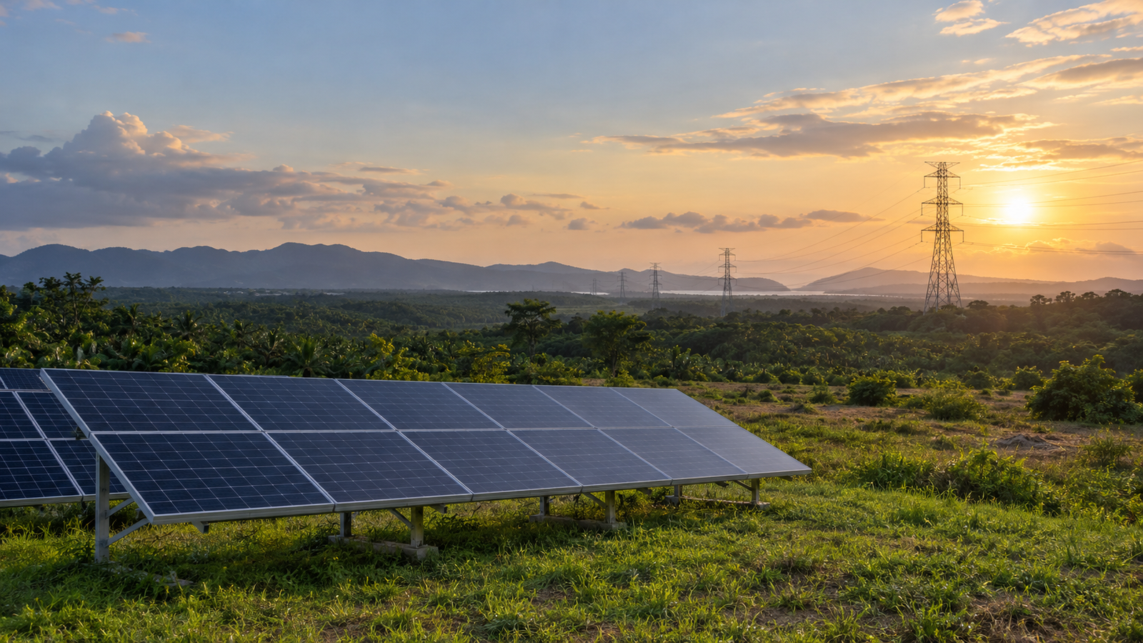 Illustrative small solar array and transmission lines in a tropical landscape; no specific Johor project shown