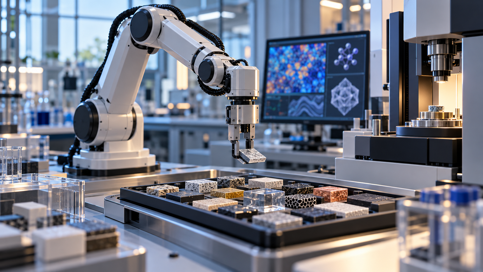 Illustrative robotic arm above material samples in a research laboratory