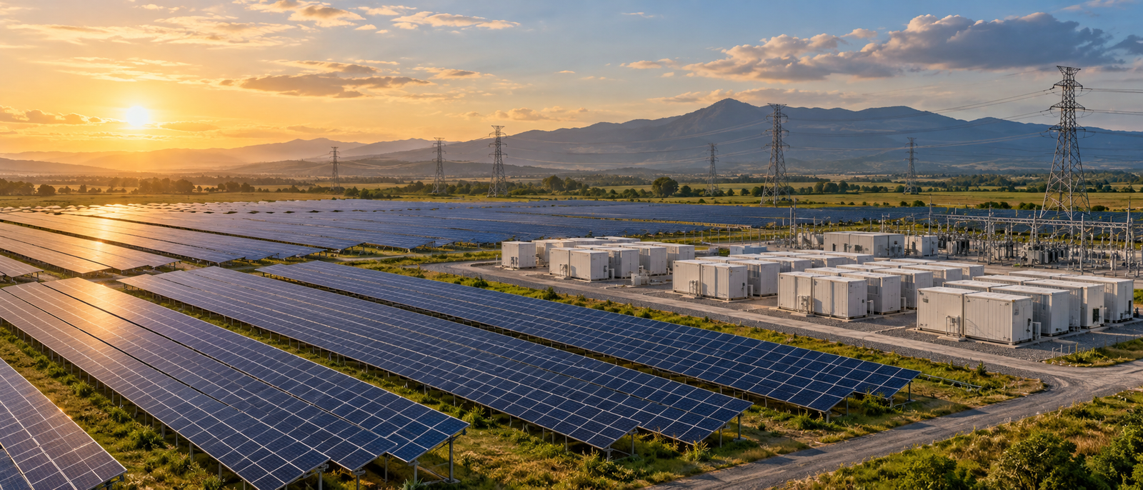 Illustrative solar arrays, battery buildings and transmission lines under an evening sky.